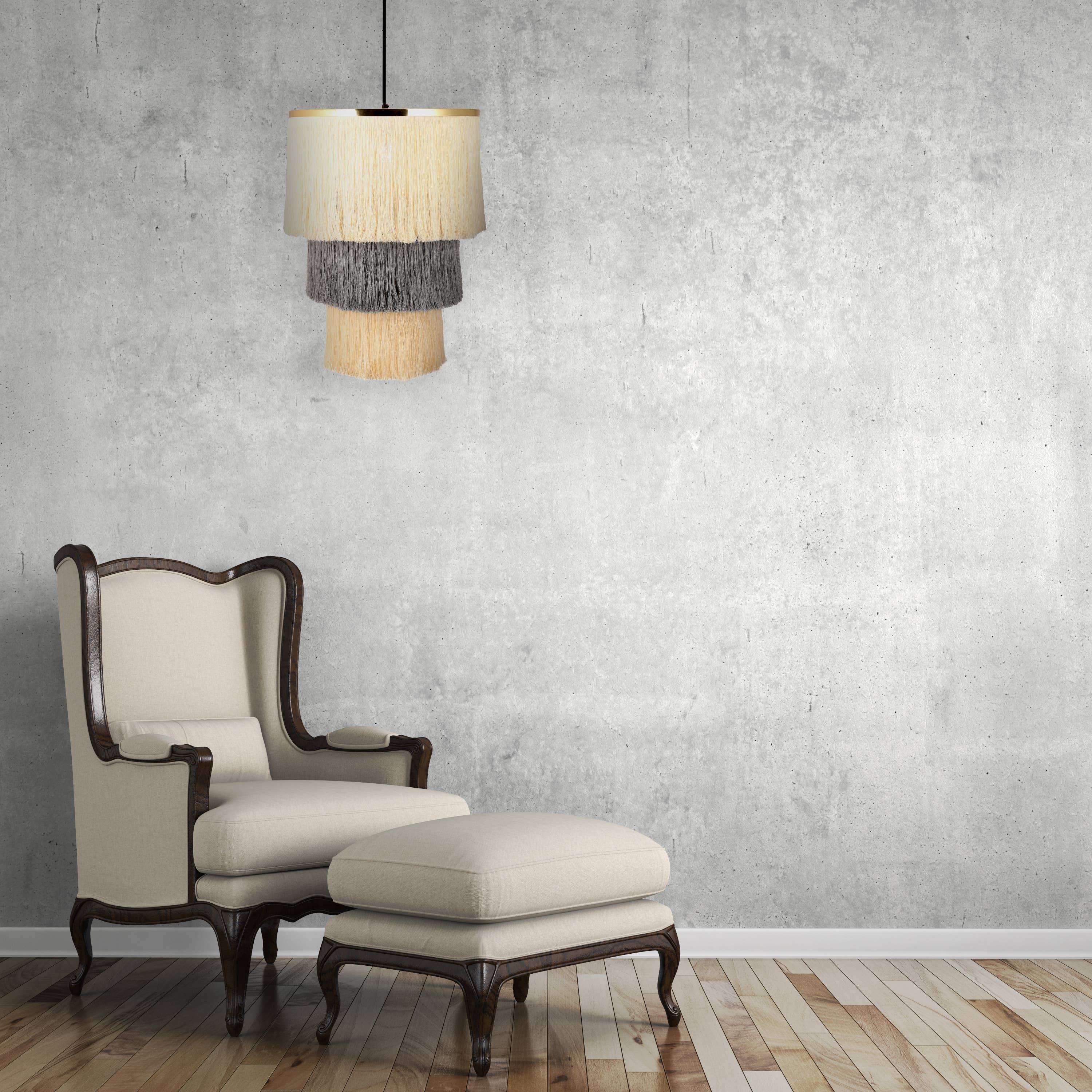 18"W Enya Cream and Grey Fringe Pendant Light