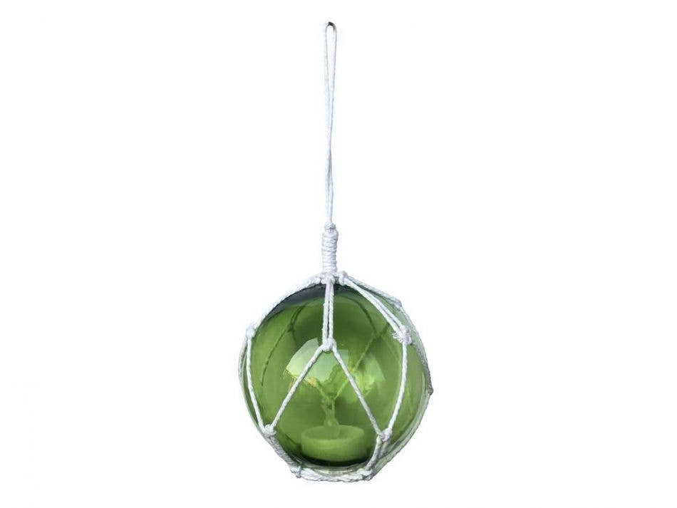 LED Lighted Green Japanese Glass Ball Fishing Float with White Netting Christmas Tree Ornament 4"