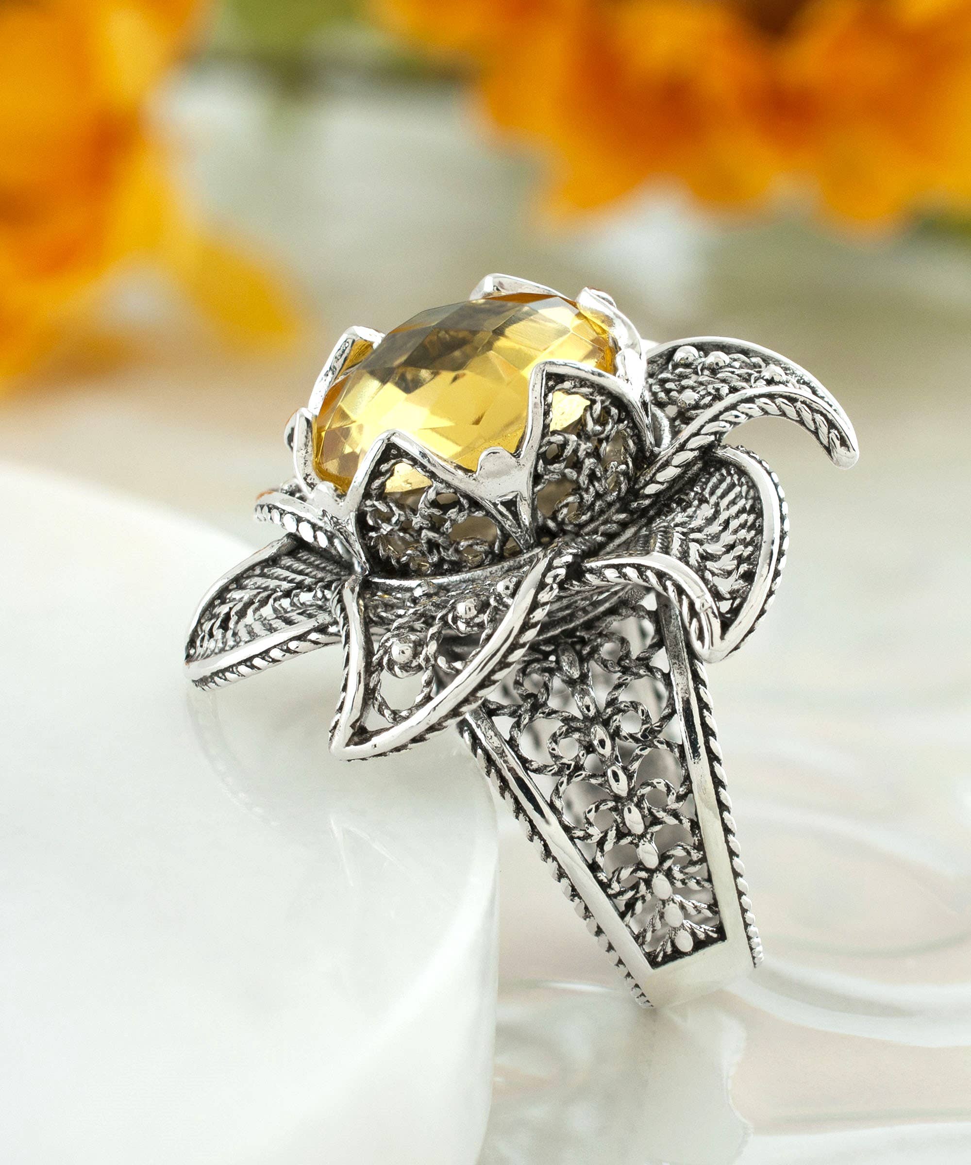 Art Lotus Flower Citrine Gemstone Women Silver Ring: 7