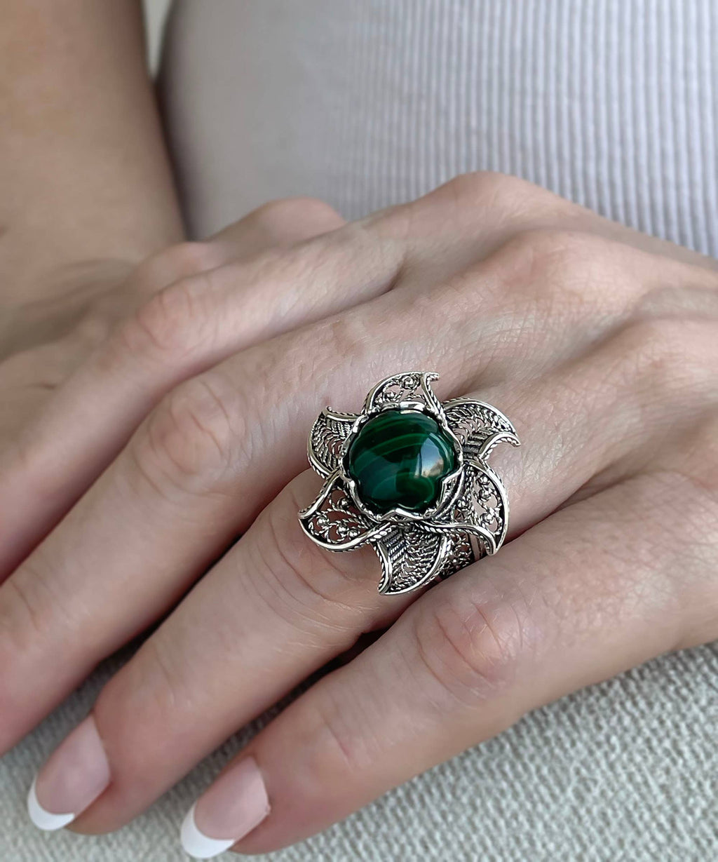 Art Lotus Flower Malachite Gemstone Women Silver Ring: 7