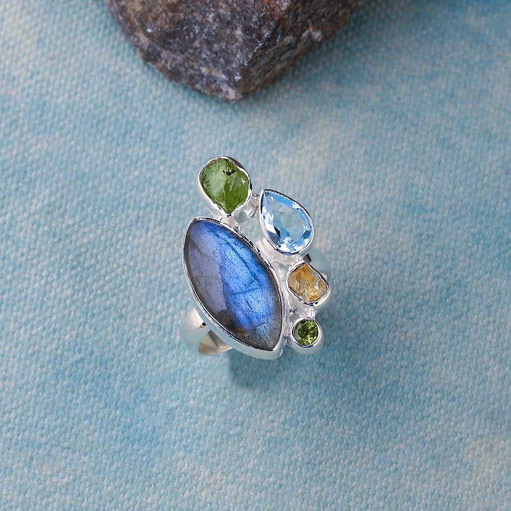 Labradorite Blue Topaz Multi Gemstone Sterling Silver Ring: 8
