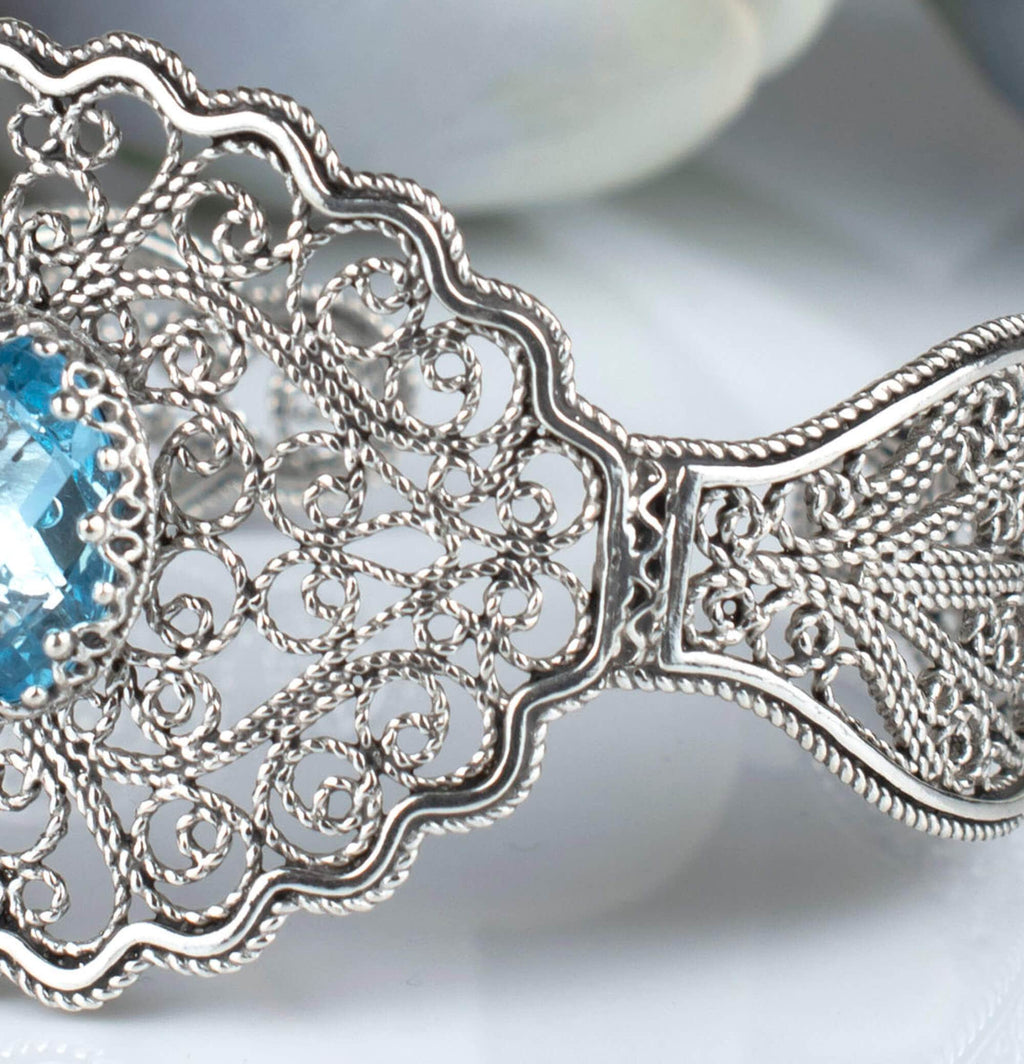 Sterling Silver Filigree Art Blue Topaz Gemstone Lace Detailed Women Cuff Bracelet: Blue Topaz