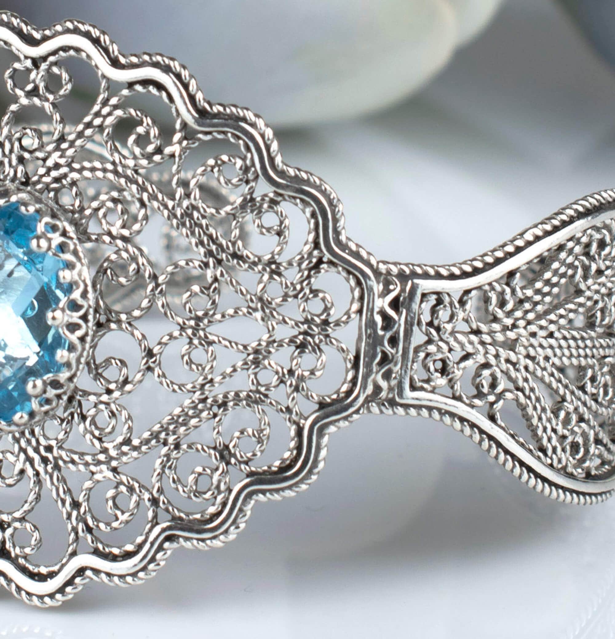 Sterling Silver Filigree Art Blue Topaz Gemstone Lace Detailed Women Cuff Bracelet: Blue Topaz