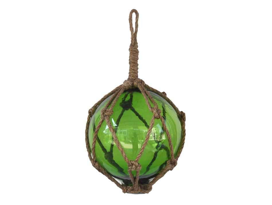 Green Japanese Glass Ball Fishing Float With Brown Netting Decoration 6"
