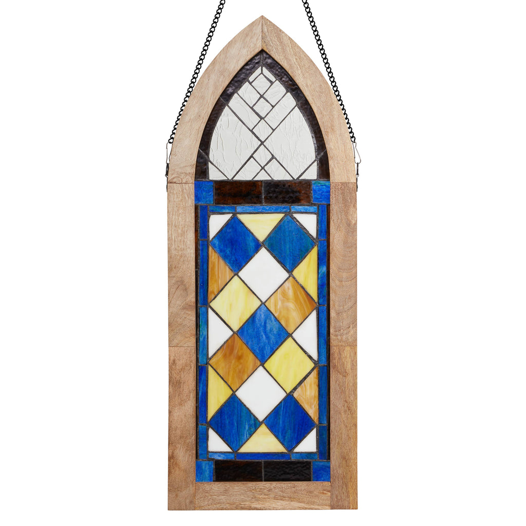 36"H Victorian Checkerboard Stained Glass Window Panel