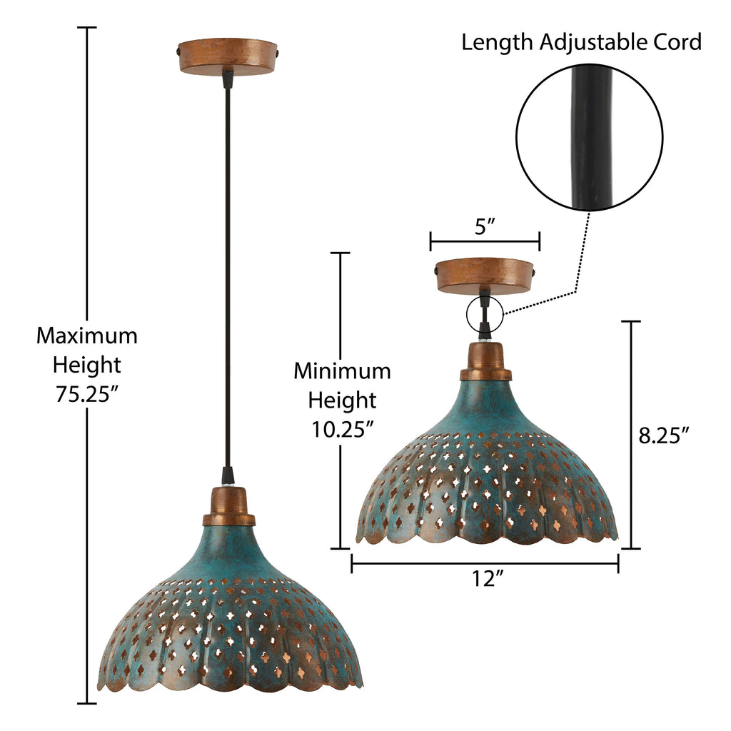 12"W 1-Light Orlando Faux Blue Patina Metal Hanging Pendant