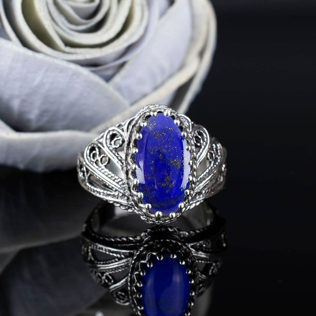Art Lapis Lazuli Gemstone Angel Wings Women Silver Ring: 7