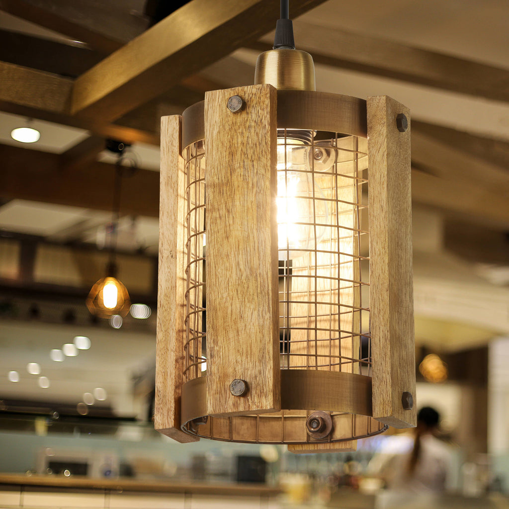 5"W Brushed Gold Metal Pendant Light with Wood Shade