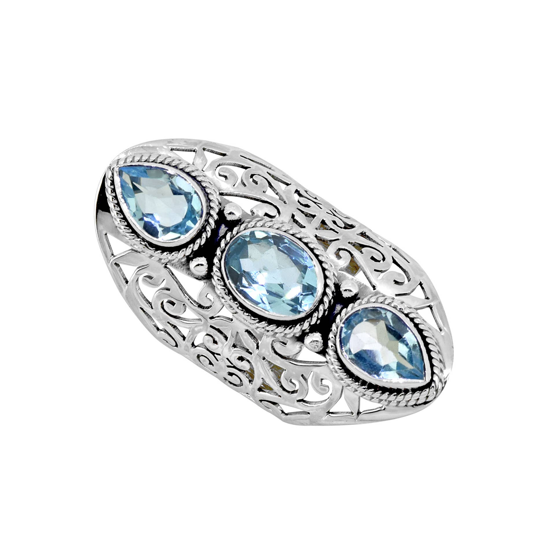 925 Silver Triple Blue Topaz Gem Filigree Precision Ring: 9