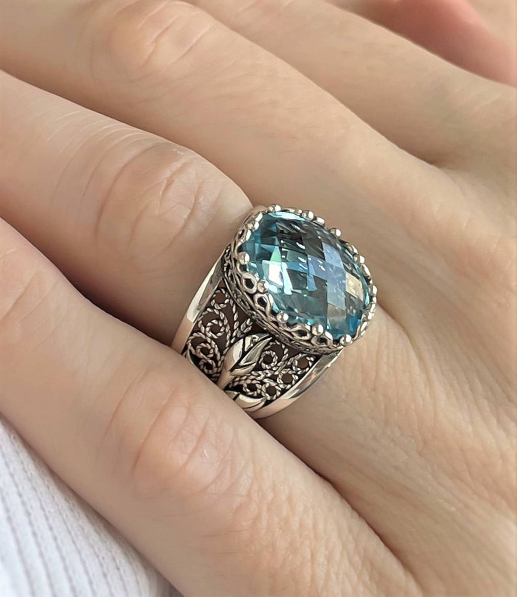 Filigree Art Blue Topaz Gemstone Tulip Detailed Women Sterling Silver Statement Ring: Blue Topaz / 10