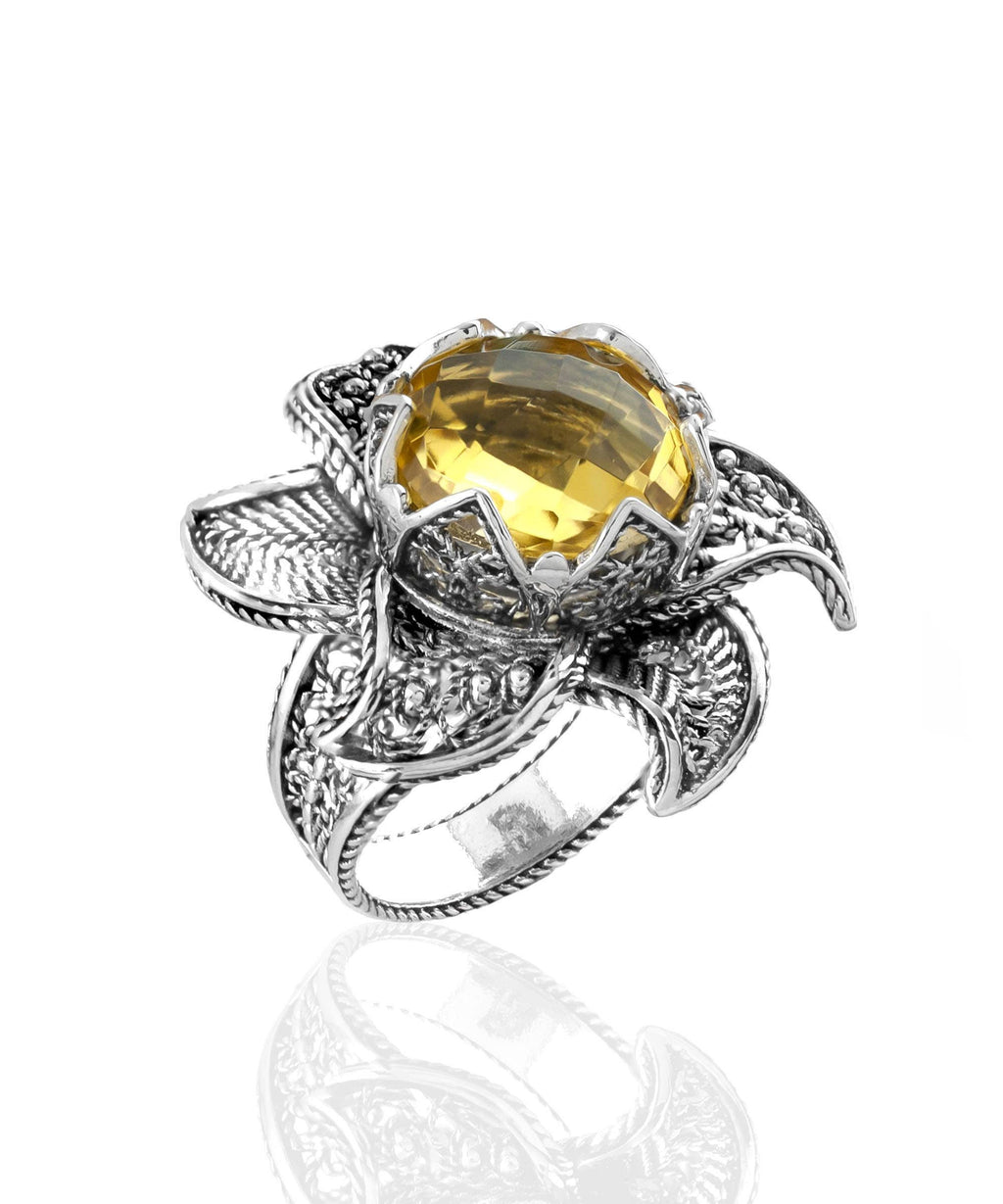 Art Lotus Flower Citrine Gemstone Women Silver Ring: 7
