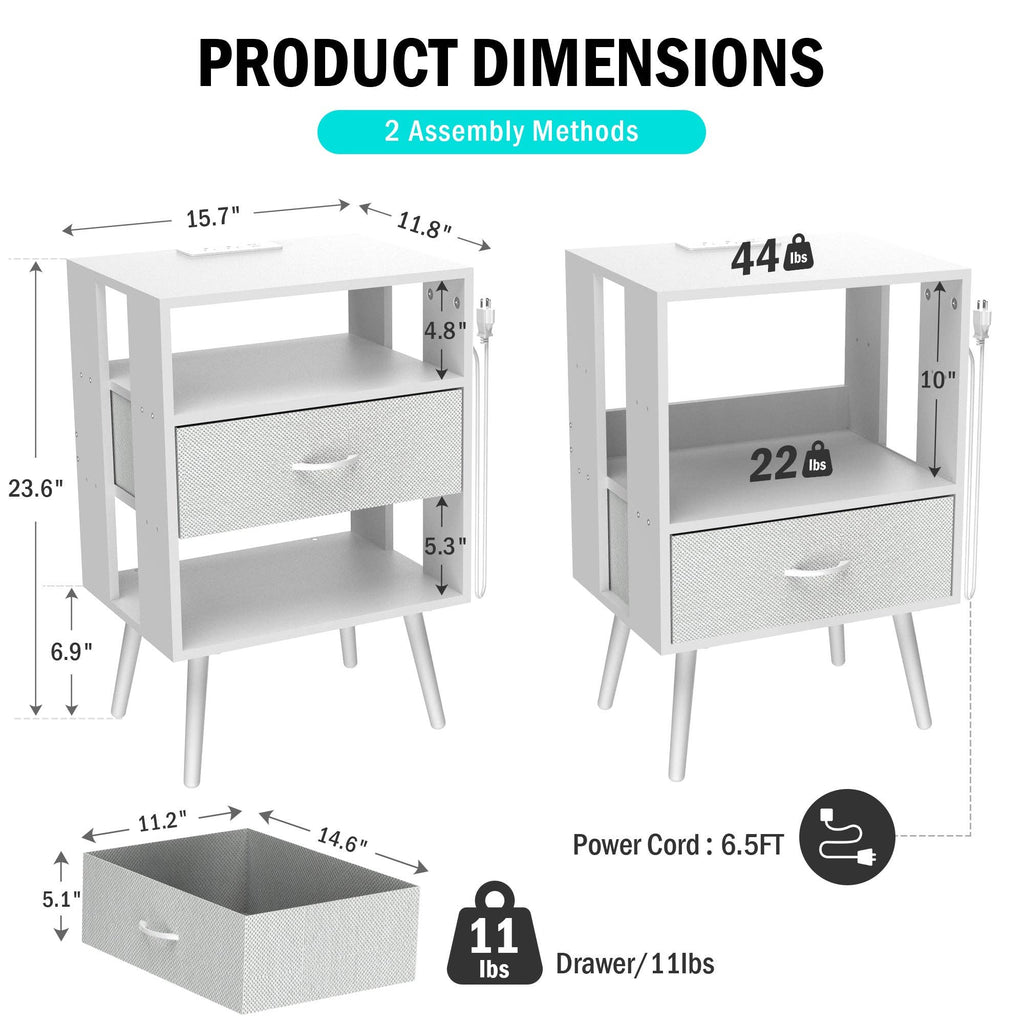 2-Pack Modern Nightstand with Charging Station, White: Default