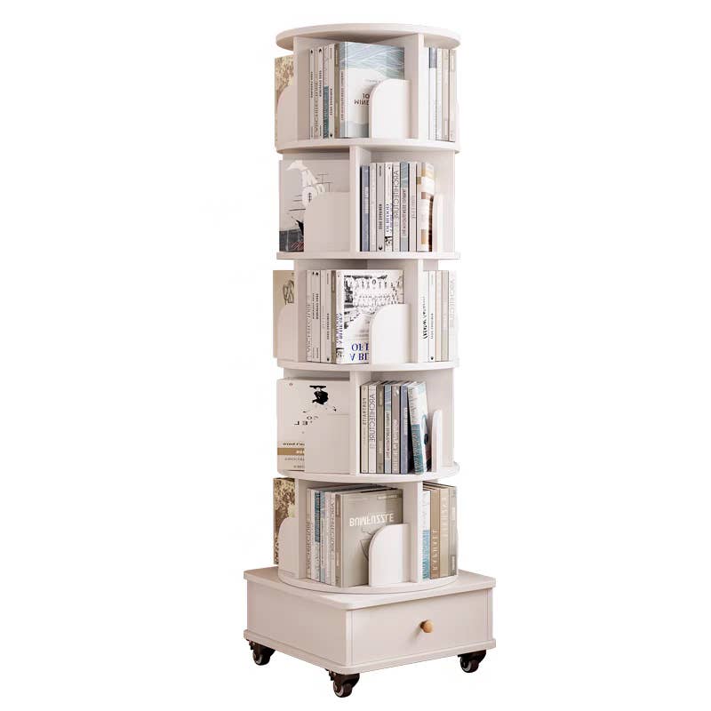 Rotating Wooden Bookcase with Storage Drawer,Swivel Design: White / 5-Tier