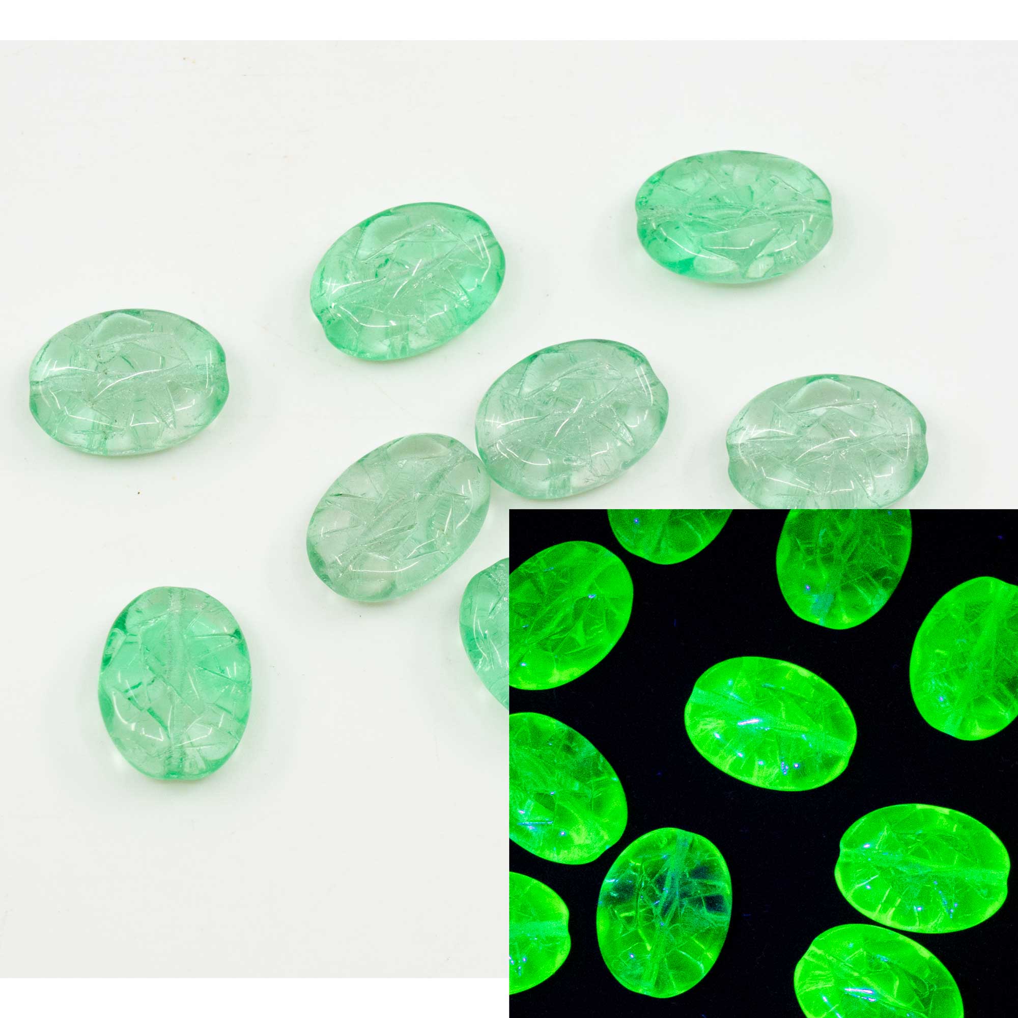 OUTLET 10 grams Oval With Triangles Beads, 17 x 13 mm, Transparent Green (50810), Glass, Czech Republic