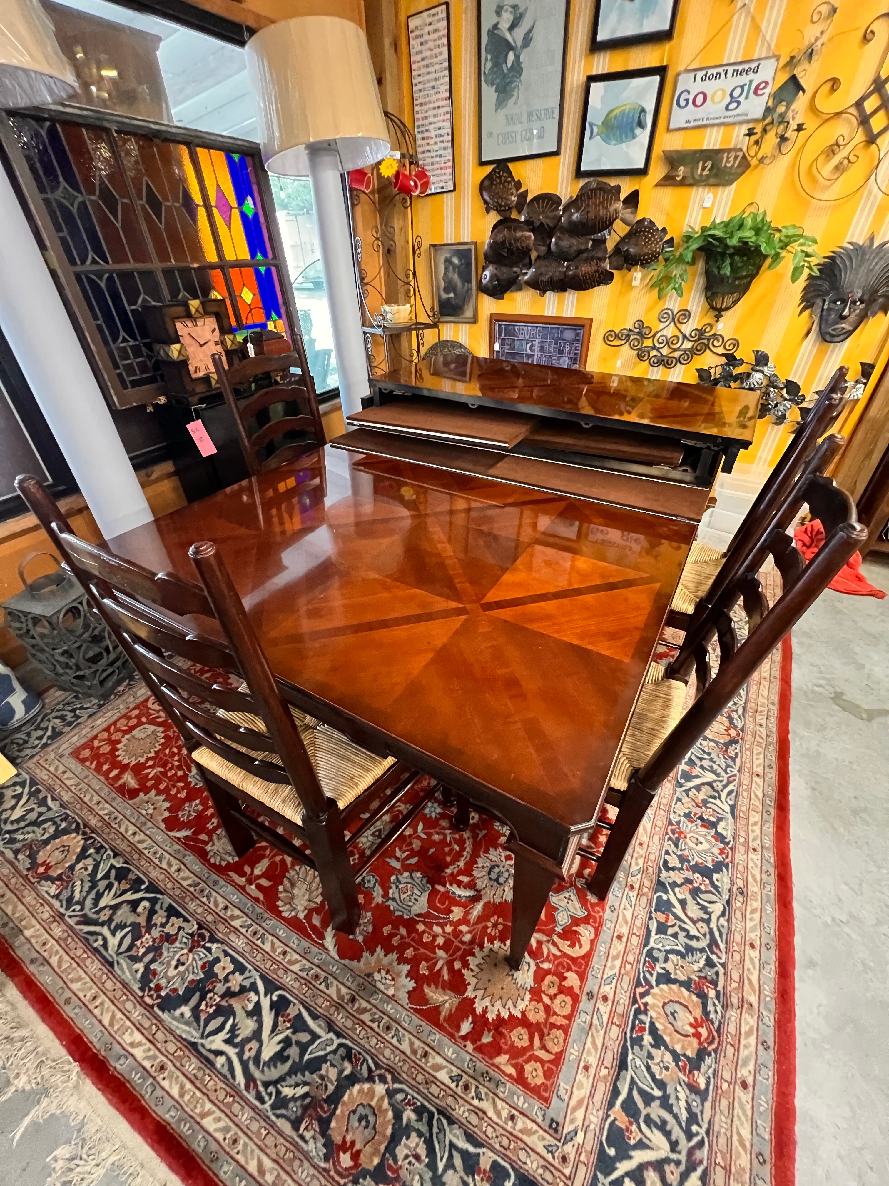 Baker Mahogany Inlaid Table with 2 leaves and 4 Chairs