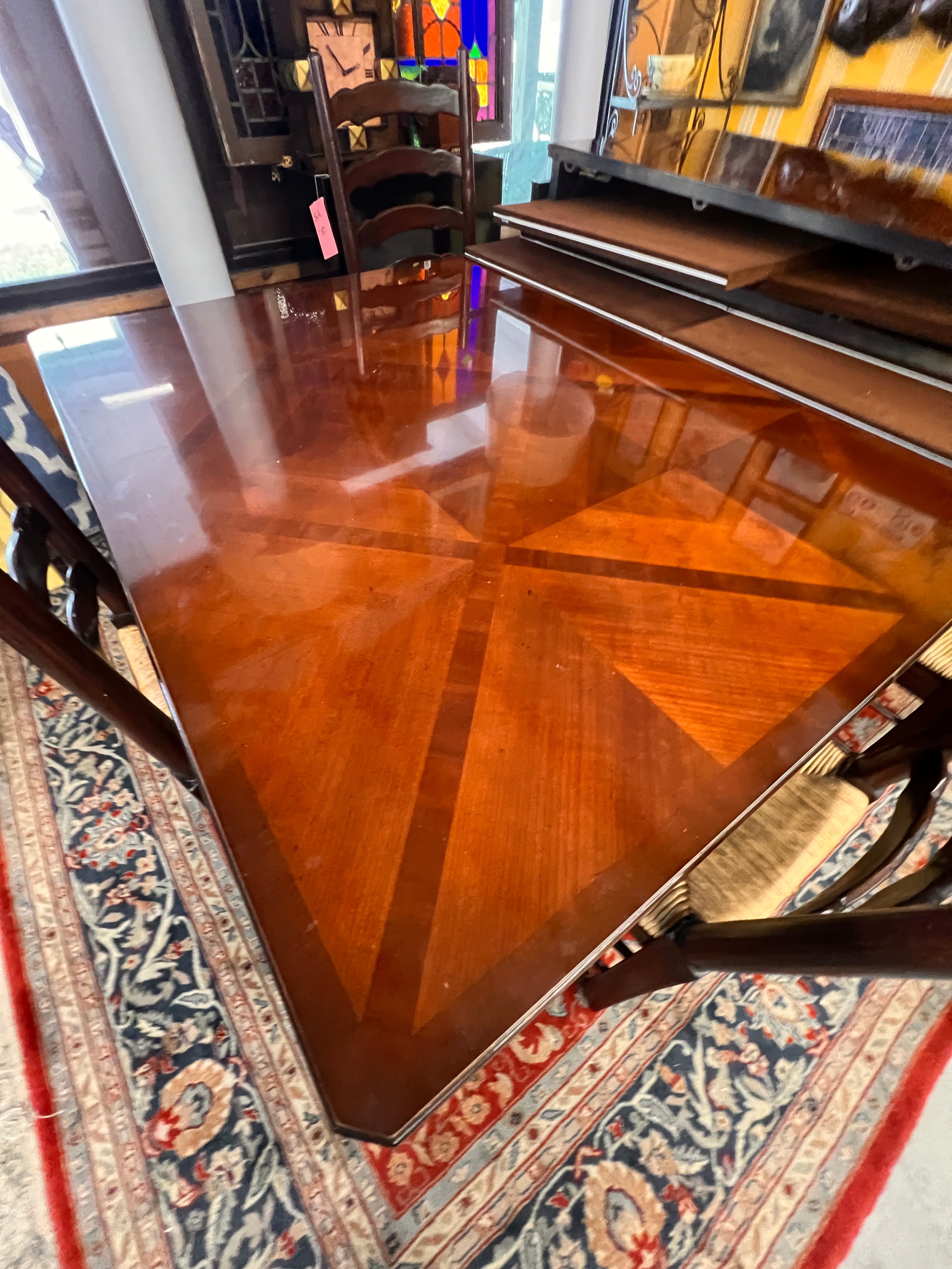 Baker Mahogany Inlaid Table with 2 leaves and 4 Chairs