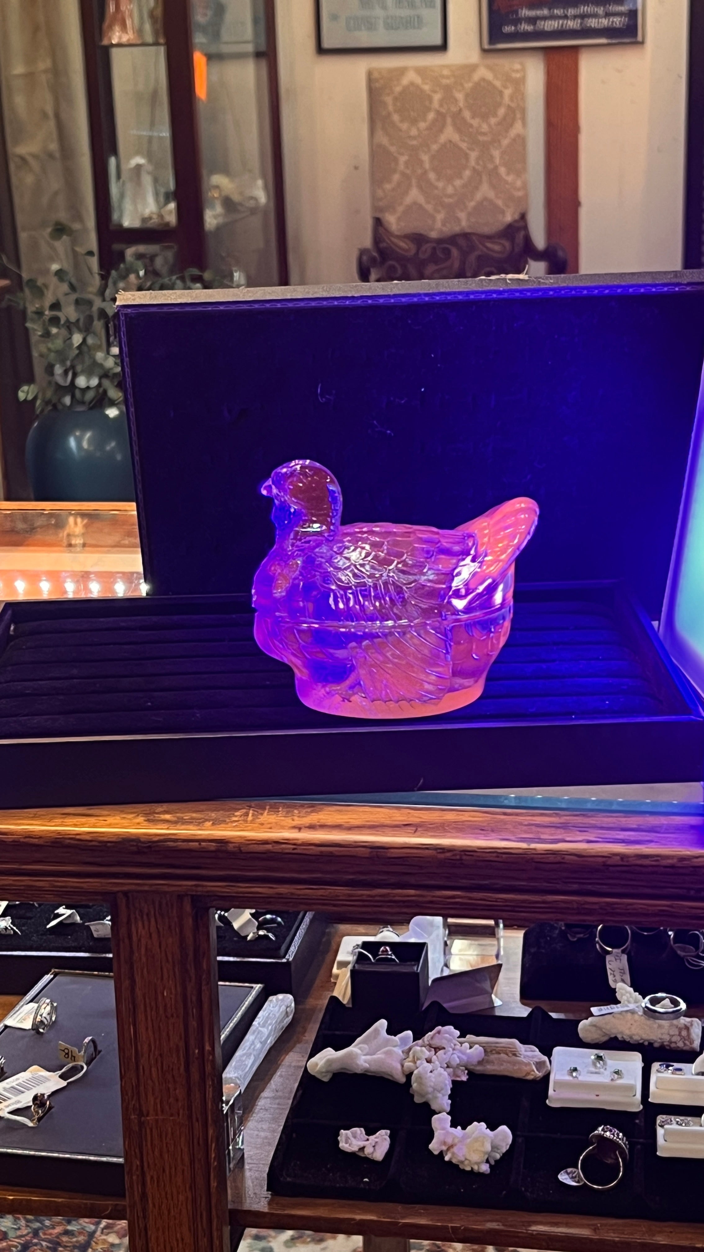 Selenium Glass Turkey on Base Covered Candy Blue Glows Pink