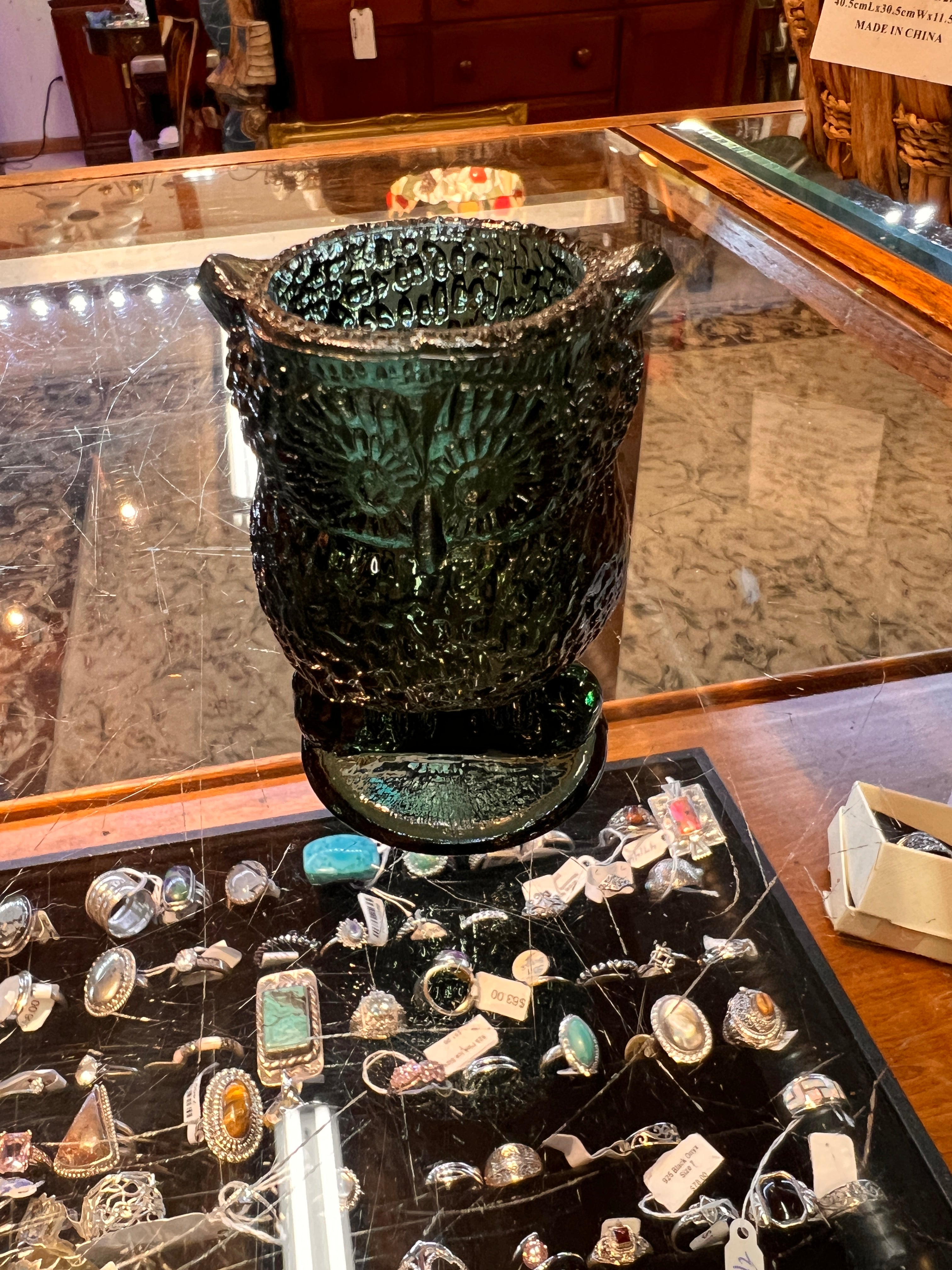 Owl Toothpick Holder Green Glass