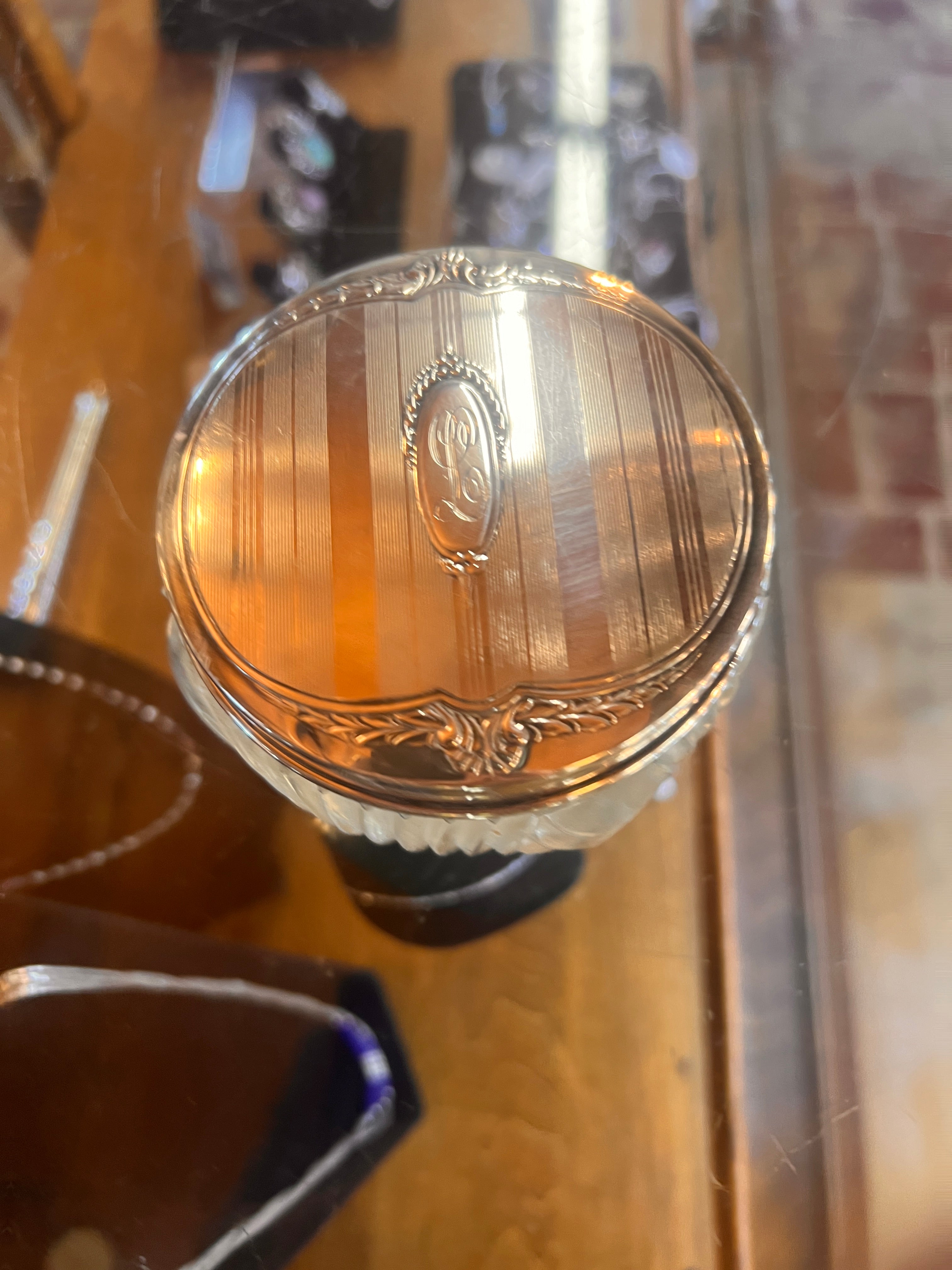 Beautiful Antique-Art Deco-Sterling Silver-Cut and Polished -Dresser Jar-“L” Monogram-3 inches Tall X 4.5 Wide-