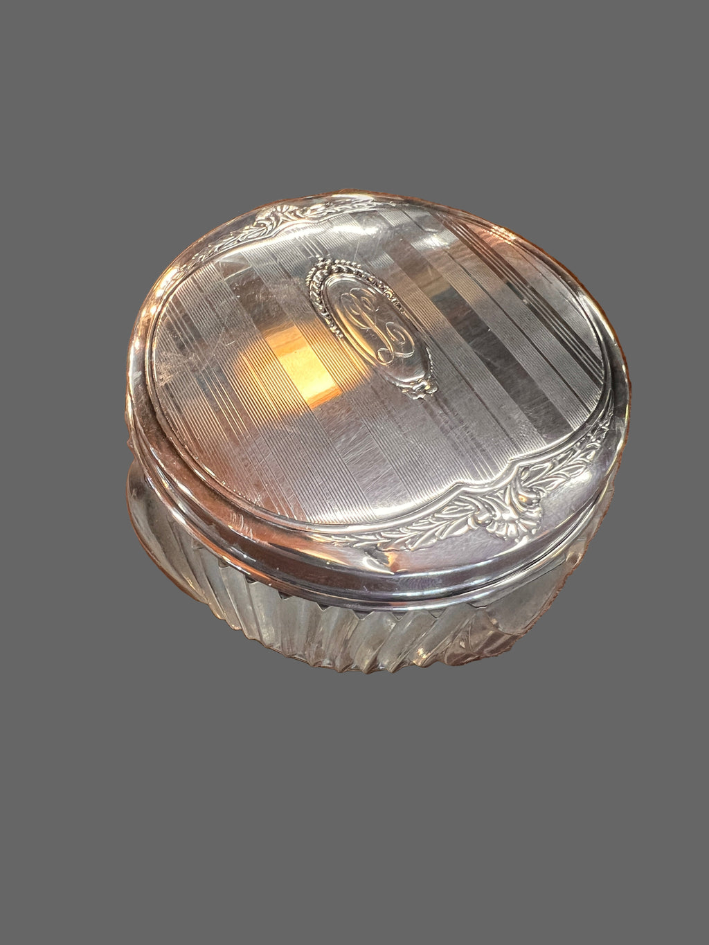 Beautiful Antique-Art Deco-Sterling Silver-Cut and Polished -Dresser Jar-“L” Monogram-3 inches Tall X 4.5 Wide-