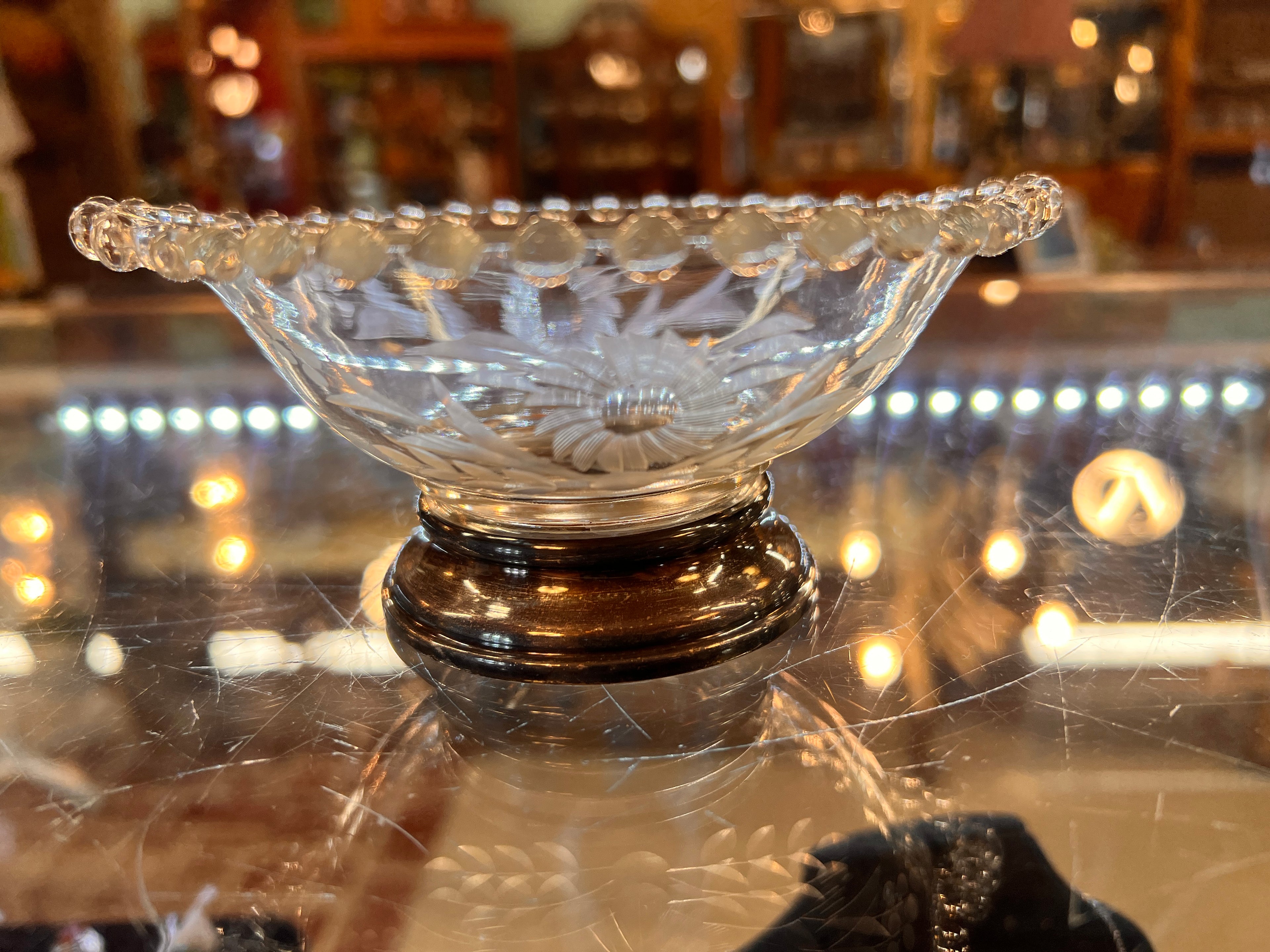 Candlewick by Imperial Glass Bowl Sterling Silver Base Etched Floral Design
