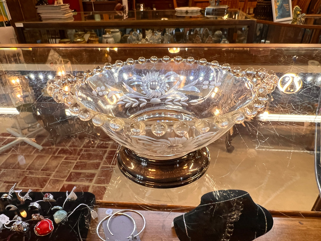 Candlewick by Imperial Glass Bowl Sterling Silver Base Etched Floral Design