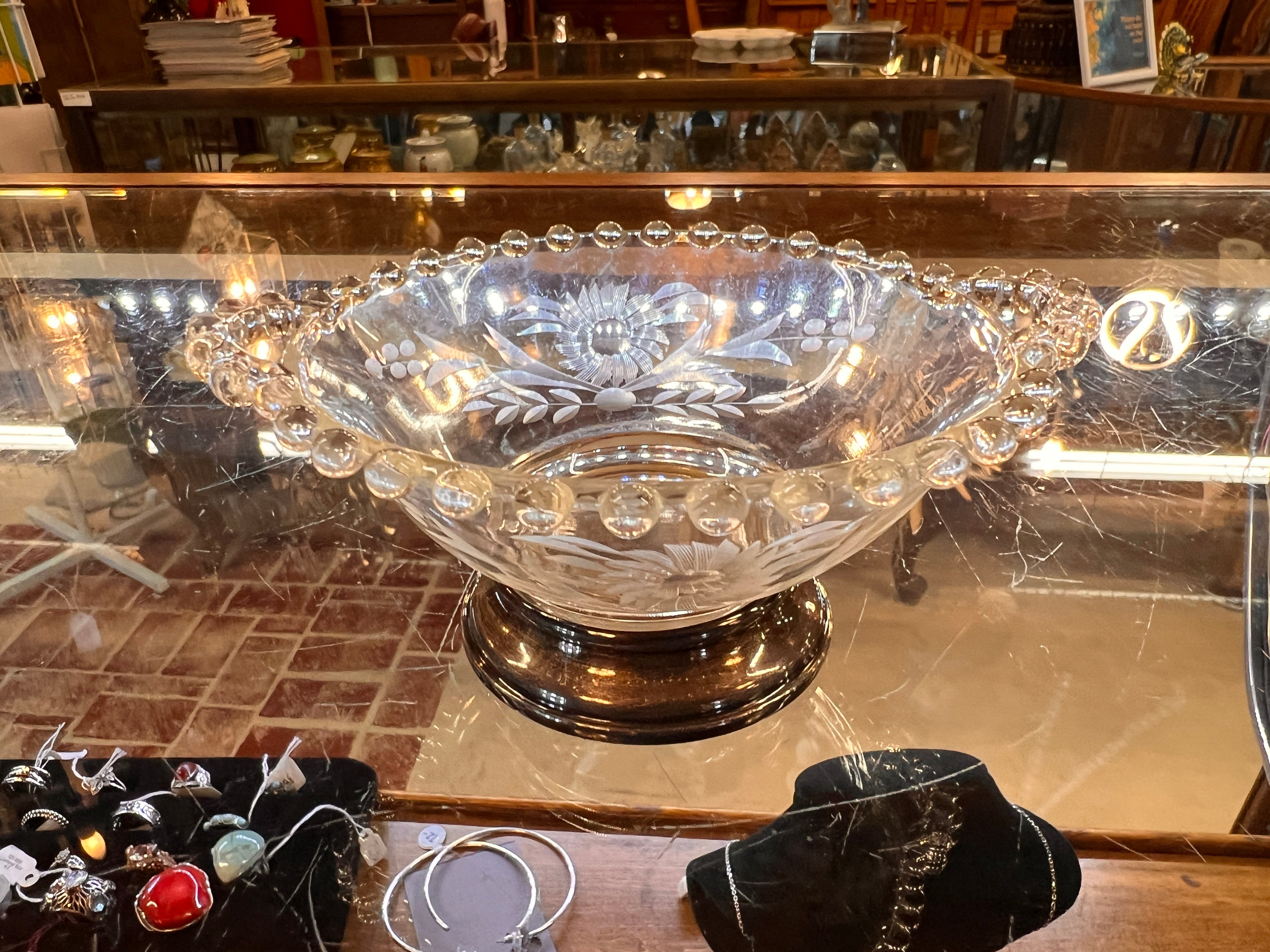 Candlewick by Imperial Glass Bowl Sterling Silver Base Etched Floral Design