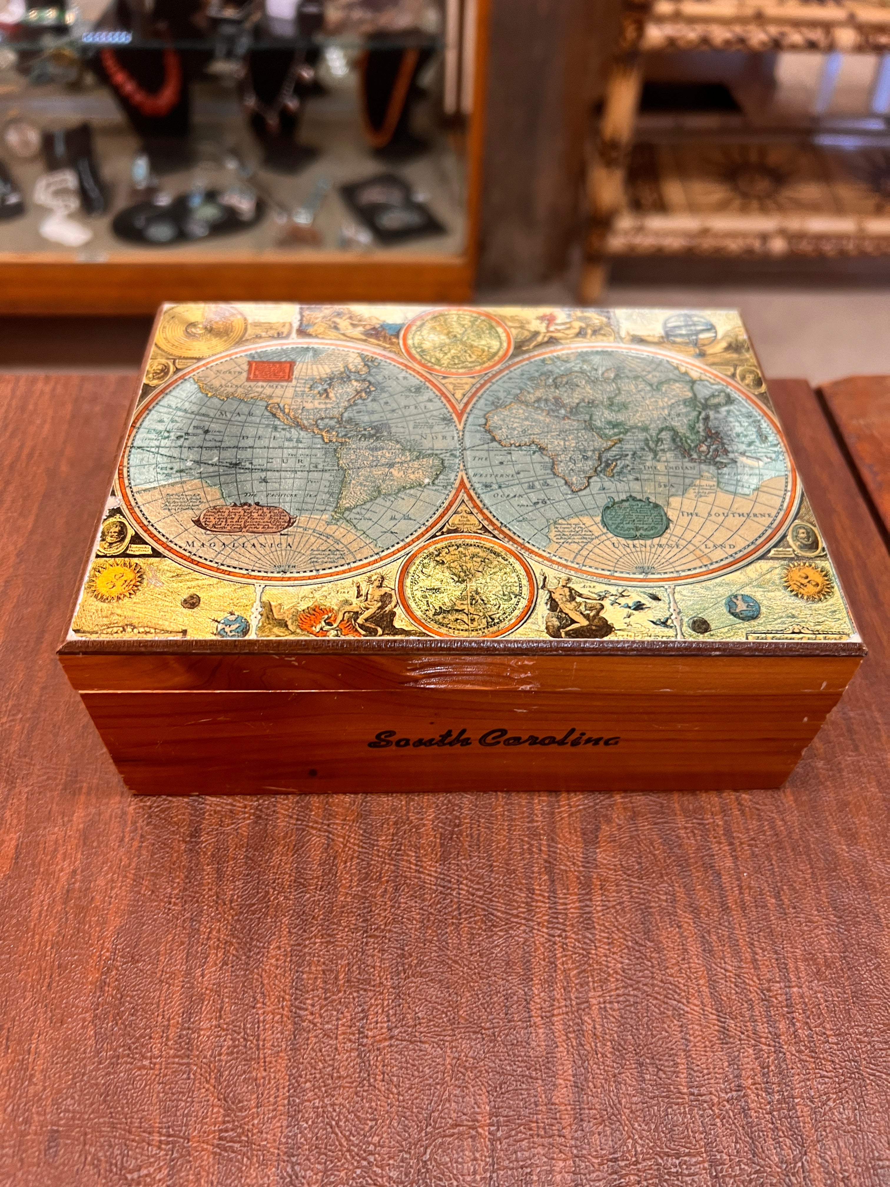 Vintage Gold World Portrait Cedar Chest Trinket Box Stamped South Carolina