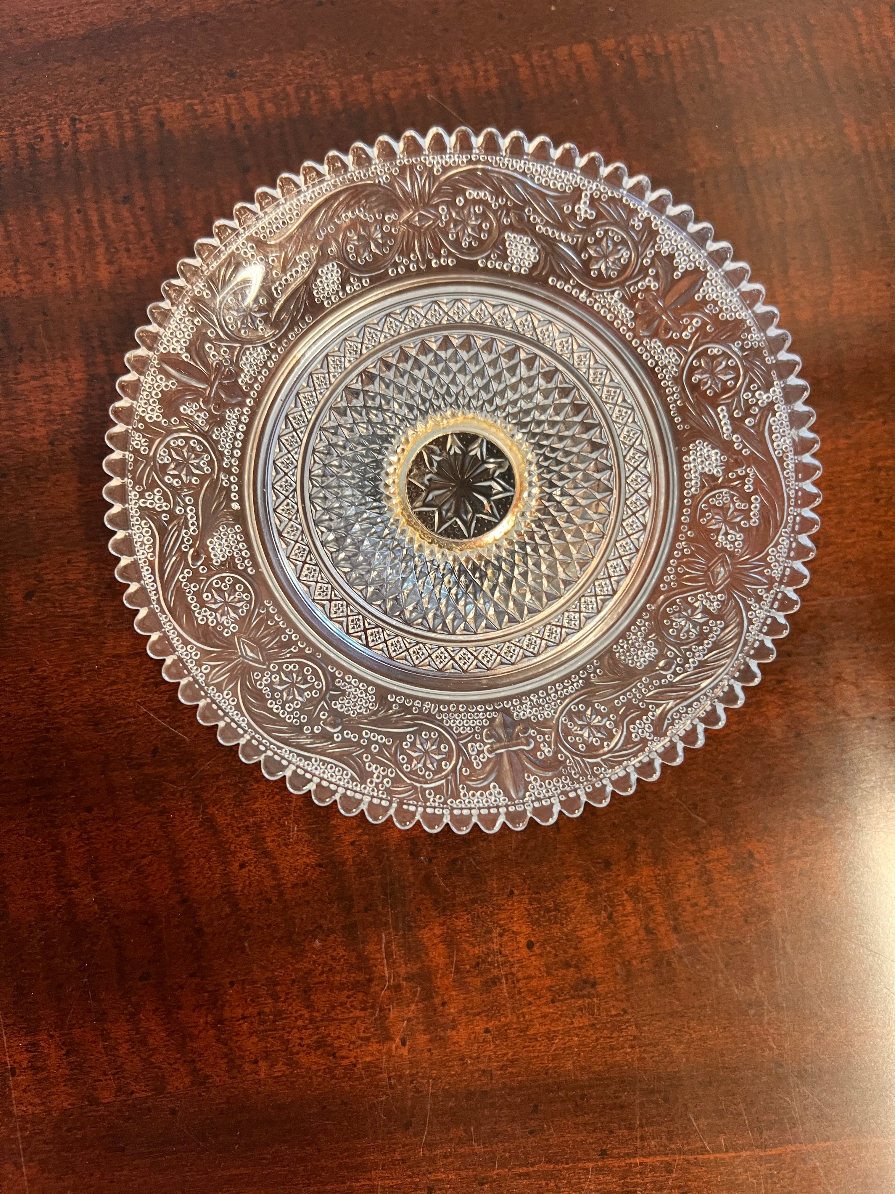 Vintage Ornate Glass Trinket Dish or Platter with Silver Pedestal.