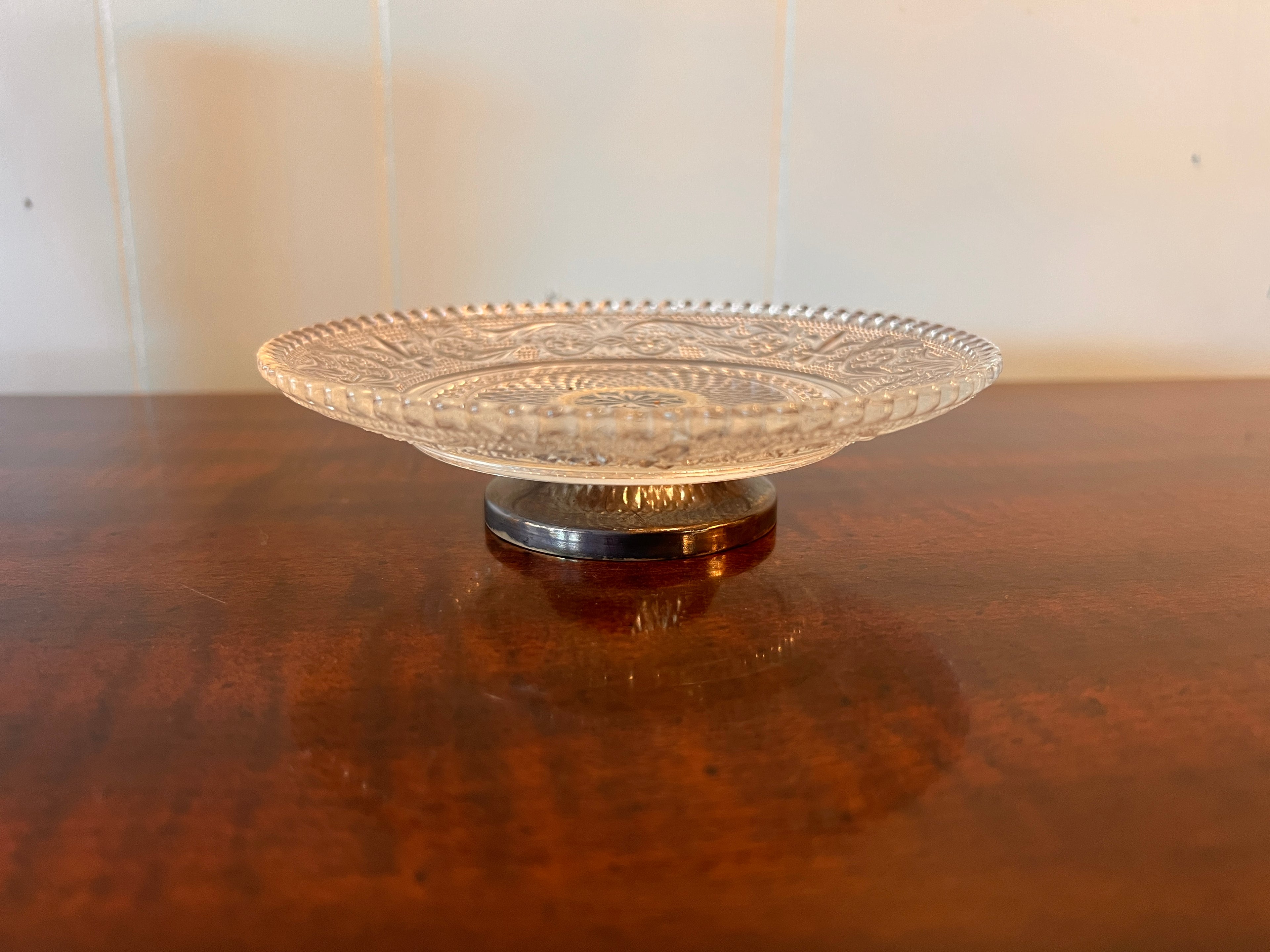 Vintage Ornate Glass Trinket Dish or Platter with Silver Pedestal.