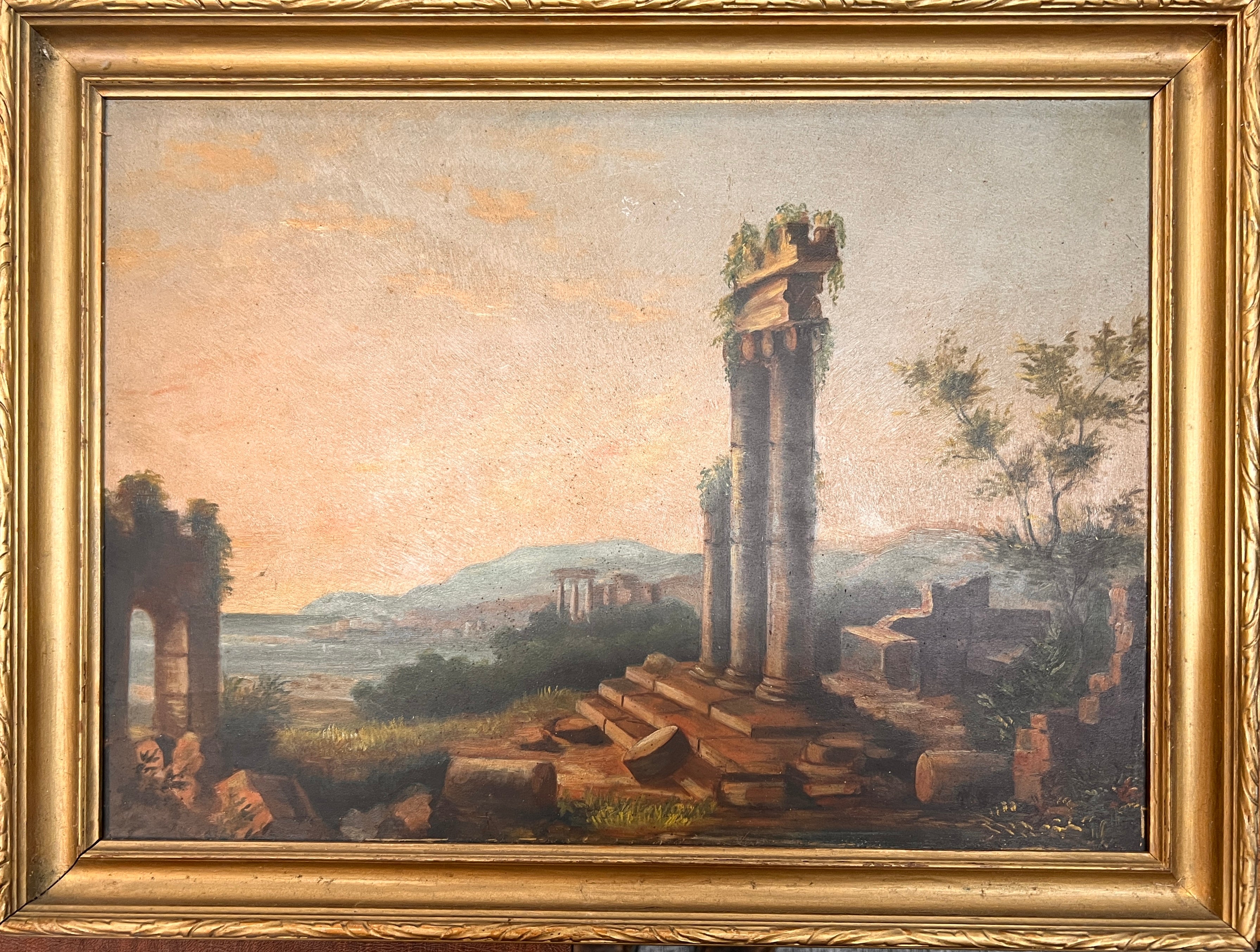 Antique Grand Tour Oil Painting – Roman Ruins Landscape, 19th Century, Gilt Frame
