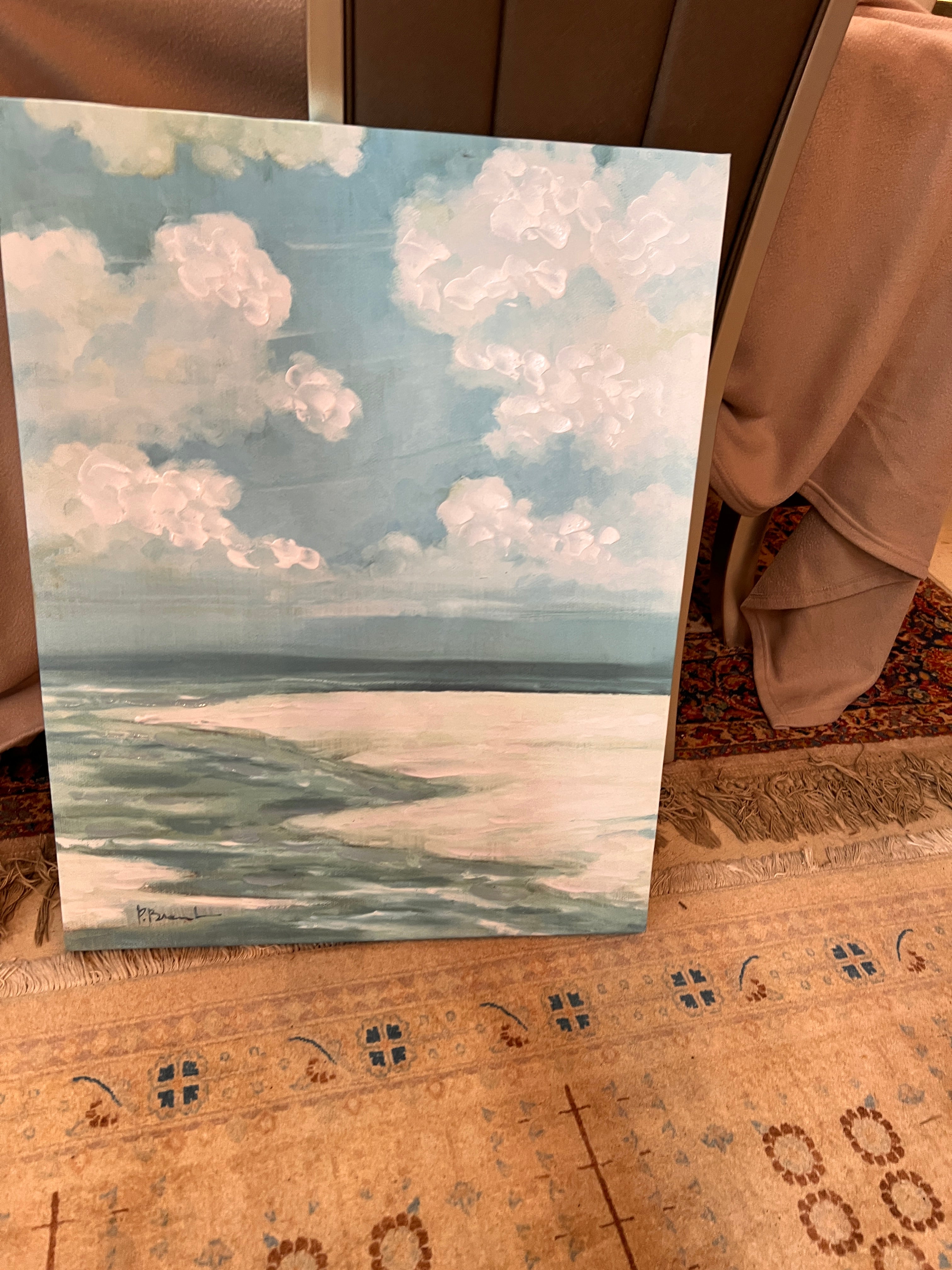 Signed Coastal Seascape Painting – Soft Clouds & Shoreline