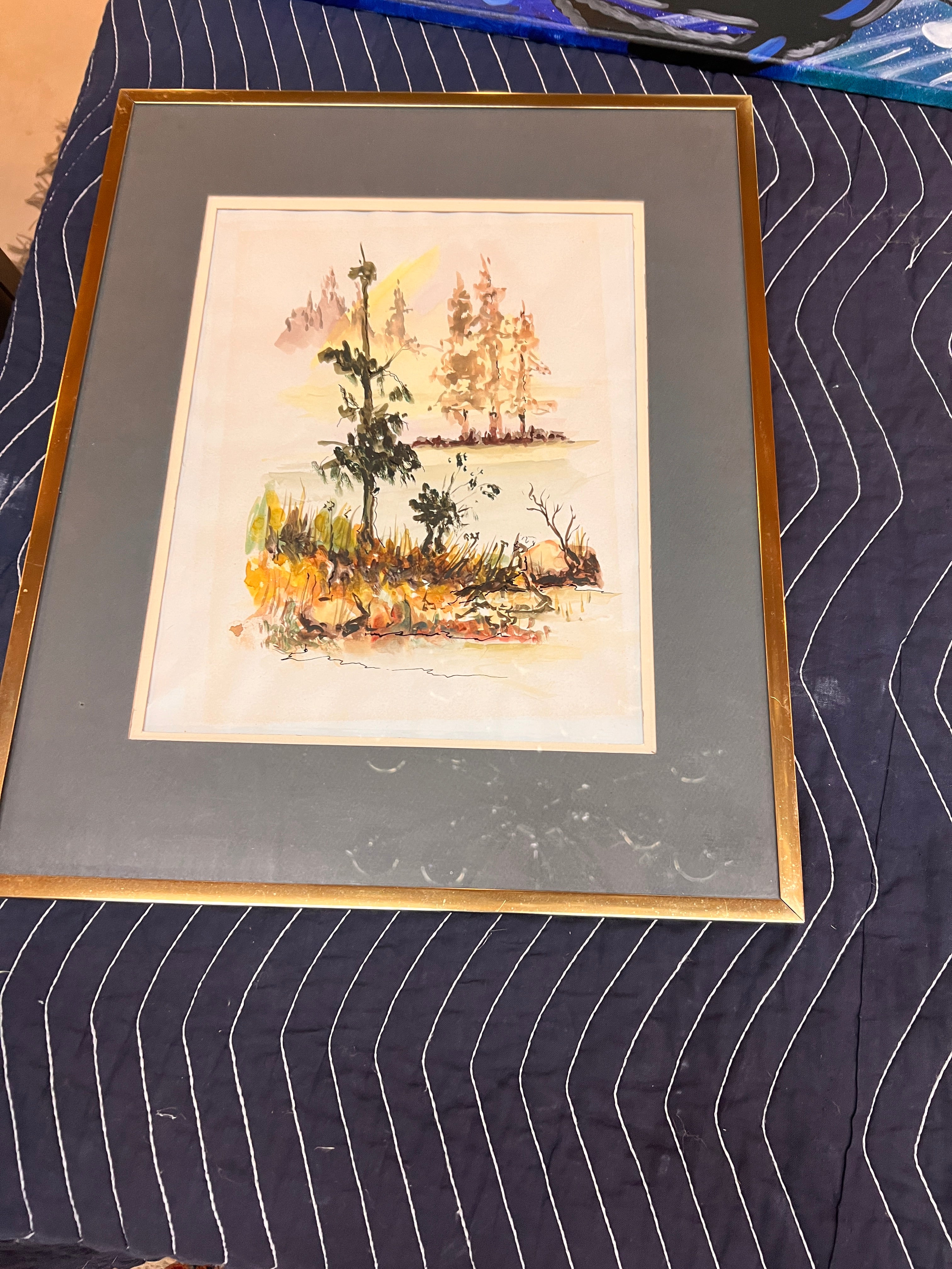 Framed Watercolor Landscape – Pine Trees & Lakeshore Scene