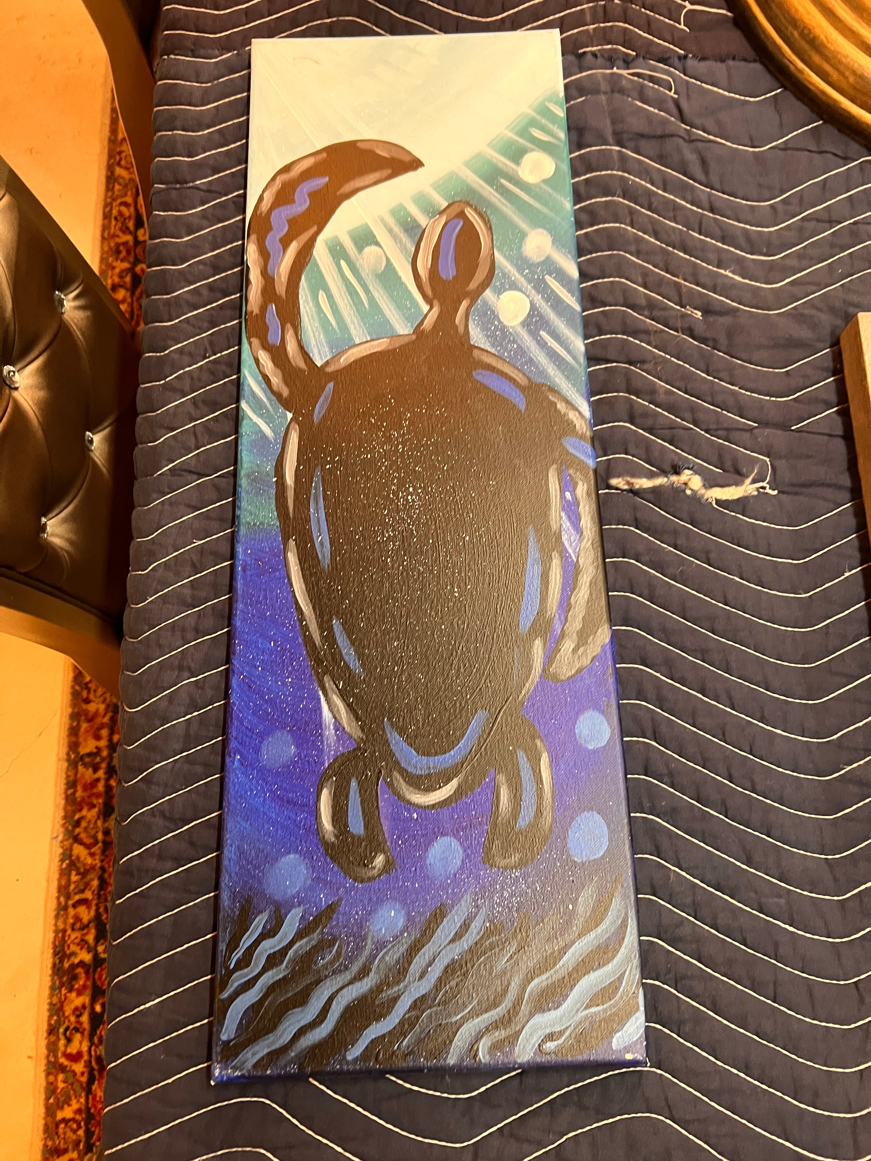 Hand-Painted Sea Turtle Canvas – Vibrant Blue Underwater Scene