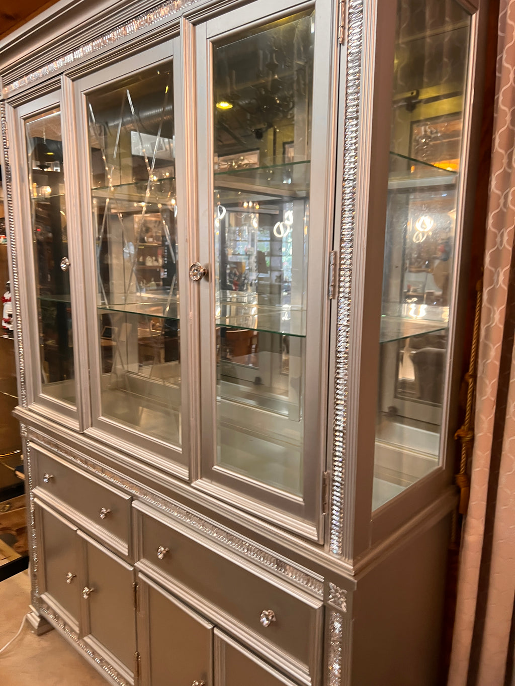 Homelegance Bevelle Silver Lighted China Cabinet – Mirrored Back, Glass Shelves