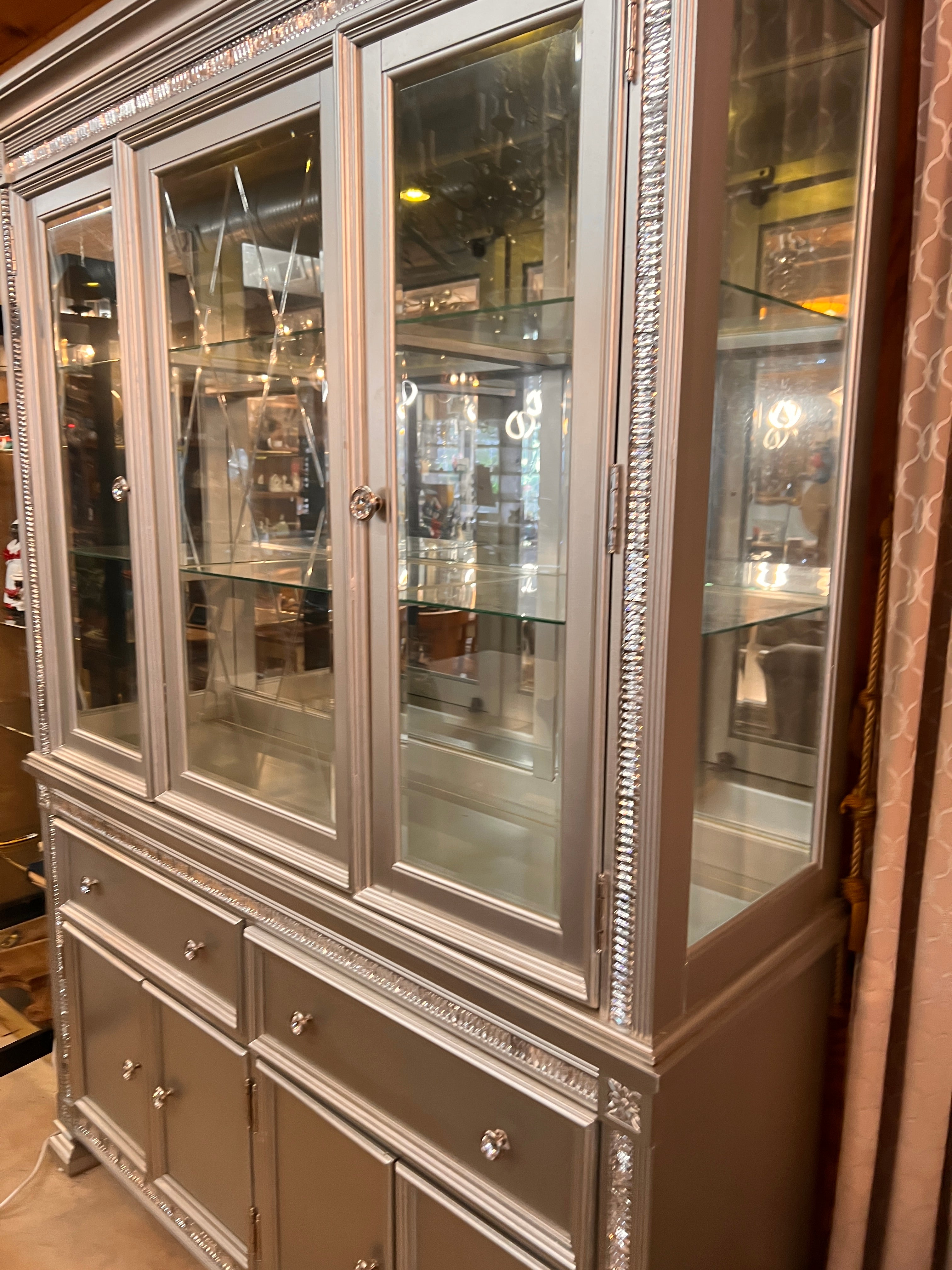 Homelegance Bevelle Silver Lighted China Cabinet – Mirrored Back, Glass Shelves