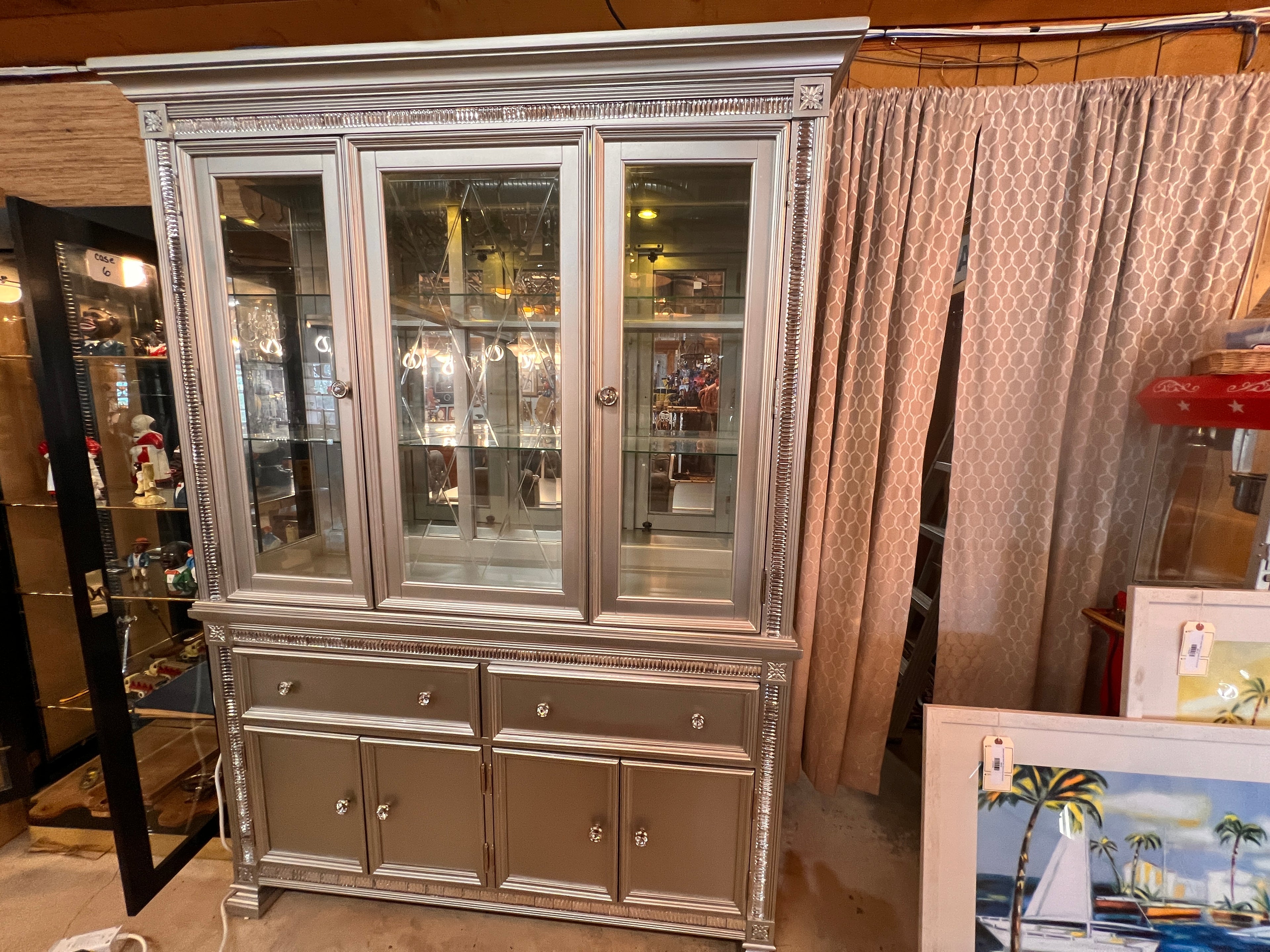 Homelegance Bevelle Silver Lighted China Cabinet – Mirrored Back, Glass Shelves