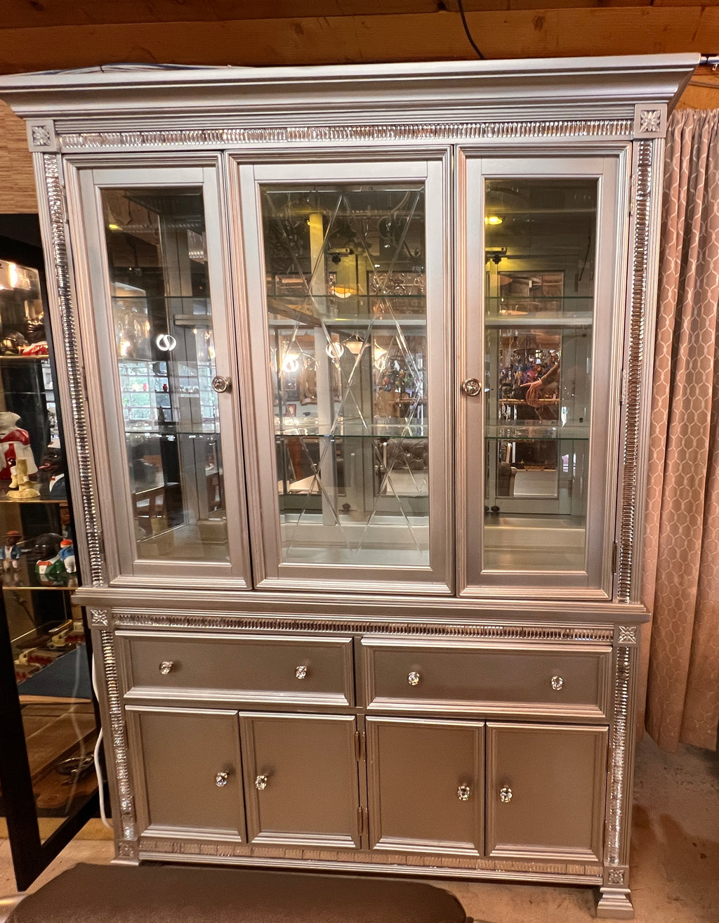 Homelegance Bevelle Silver Lighted China Cabinet – Mirrored Back, Glass Shelves