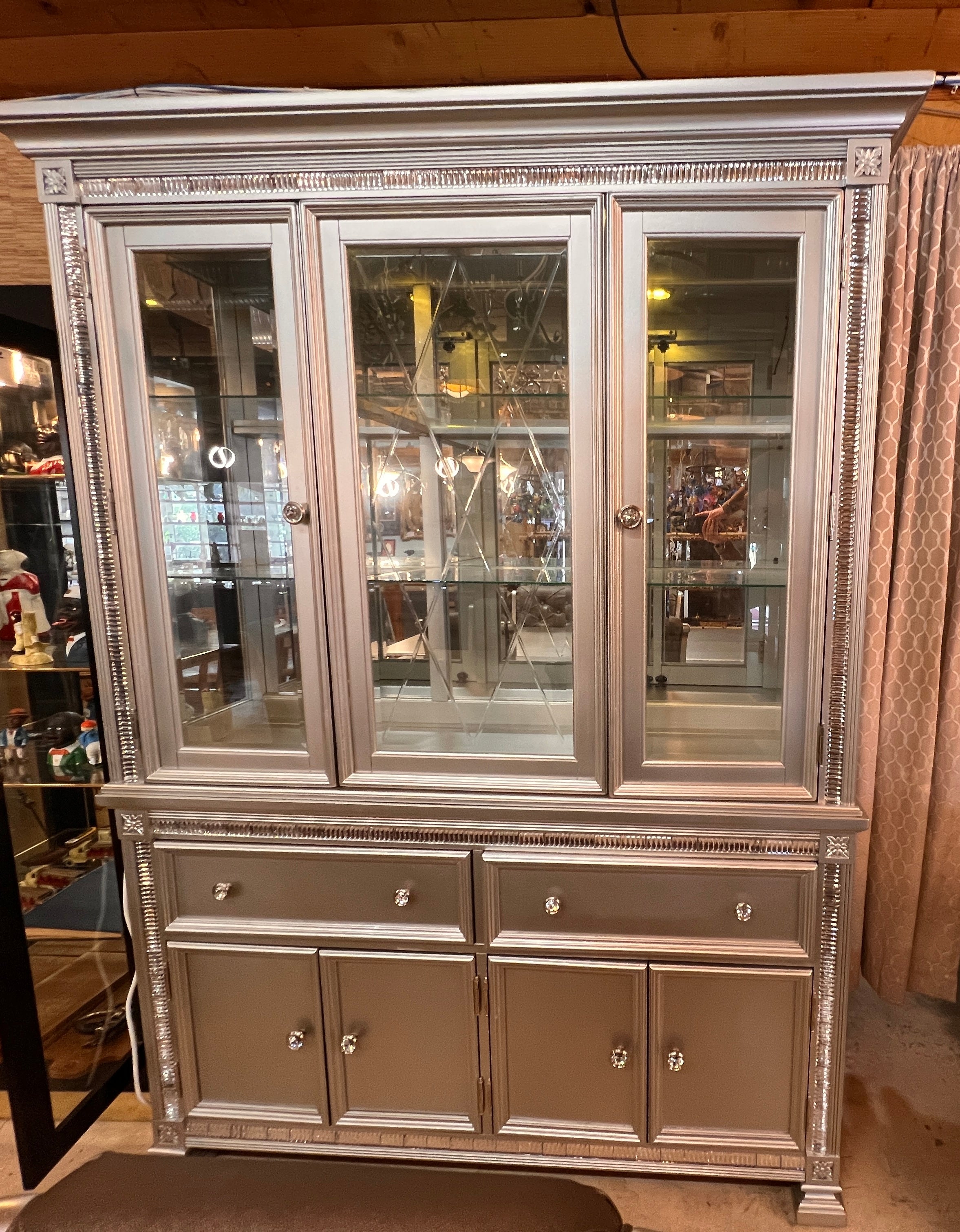 Homelegance Bevelle Silver Lighted China Cabinet – Mirrored Back, Glass Shelves