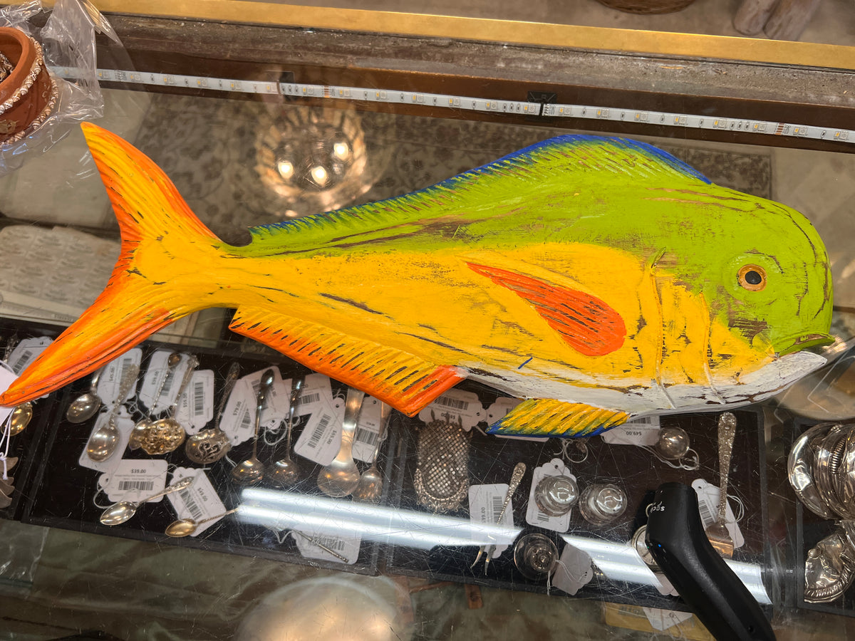 24" Hand-Painted Wooden Mahi Mahi Fish Wall Art – Colorful Coastal Nautical Decor