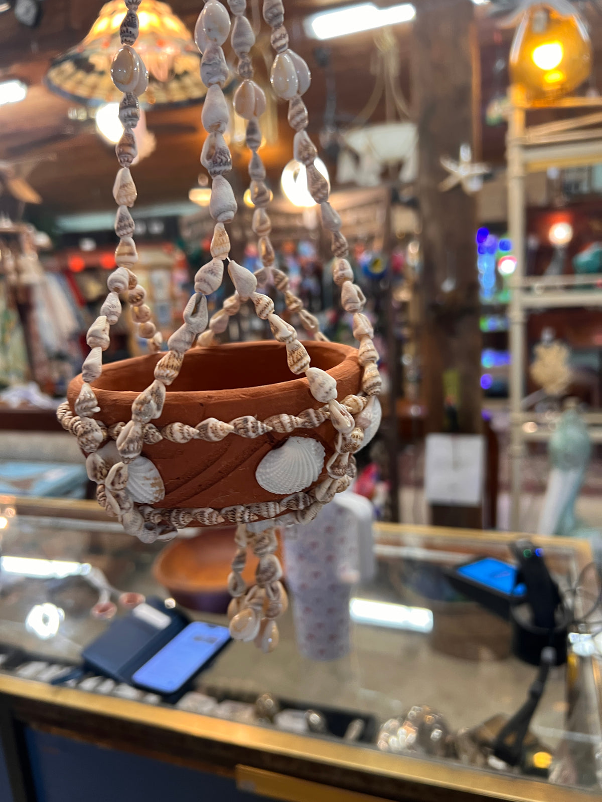 18" Hanging Terracotta Planter with Seashell Macramé Hanger – Coastal Beach Decor