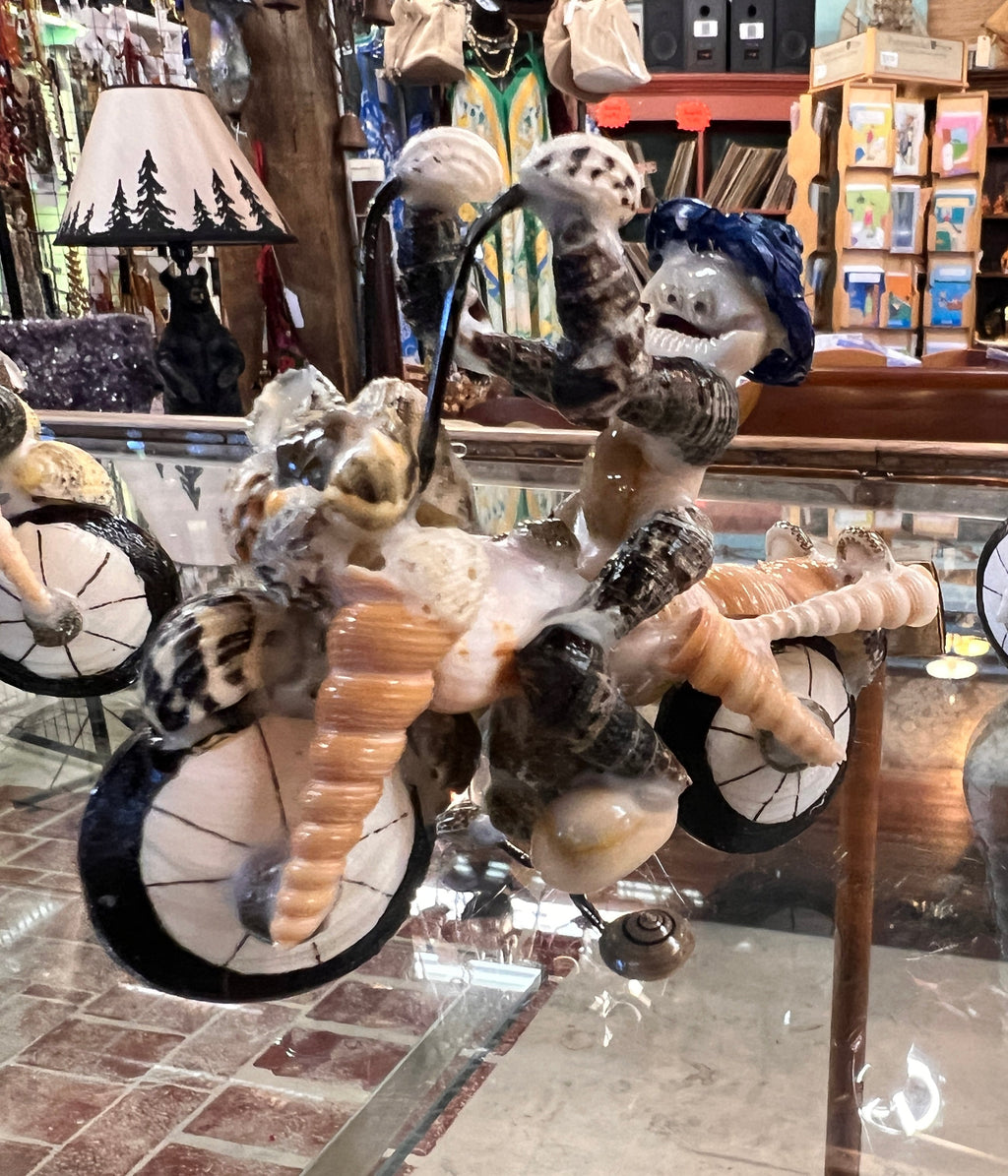 Handmade Seashell Motorcycle Rider Figurine – Whimsical Coastal Biker Collectible