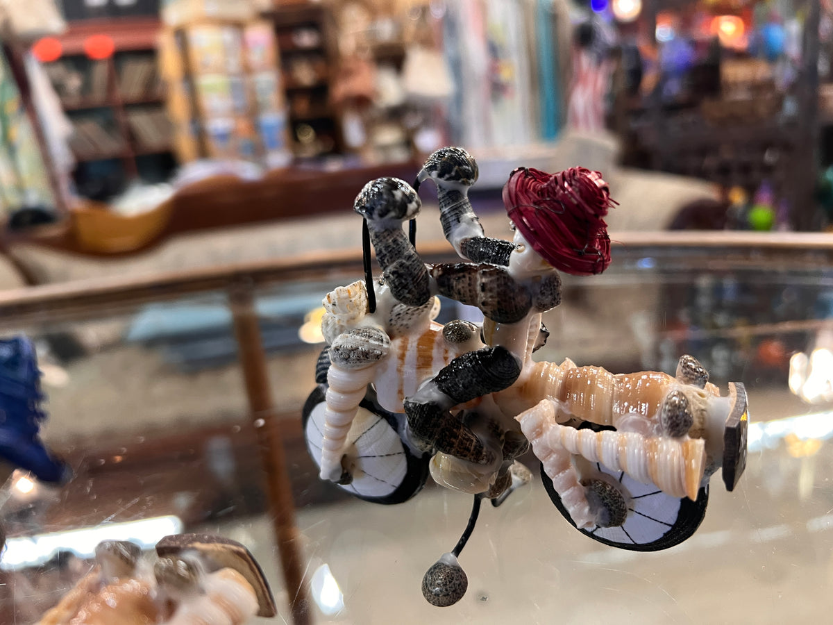 Handmade Seashell Motorcycle Rider Figurine – Whimsical Coastal Biker Collectible