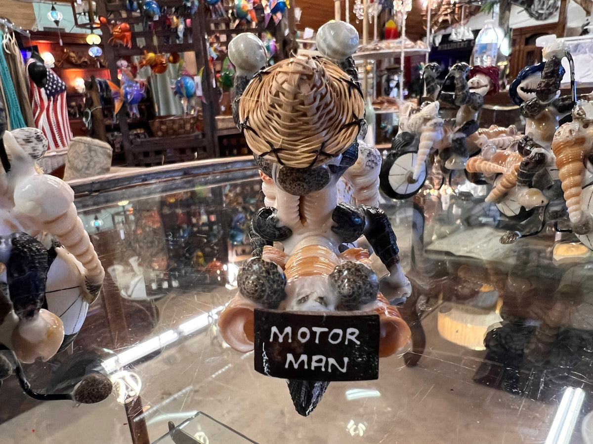 Handmade Seashell Motorcycle Rider Figurine – Whimsical Coastal Biker Collectible