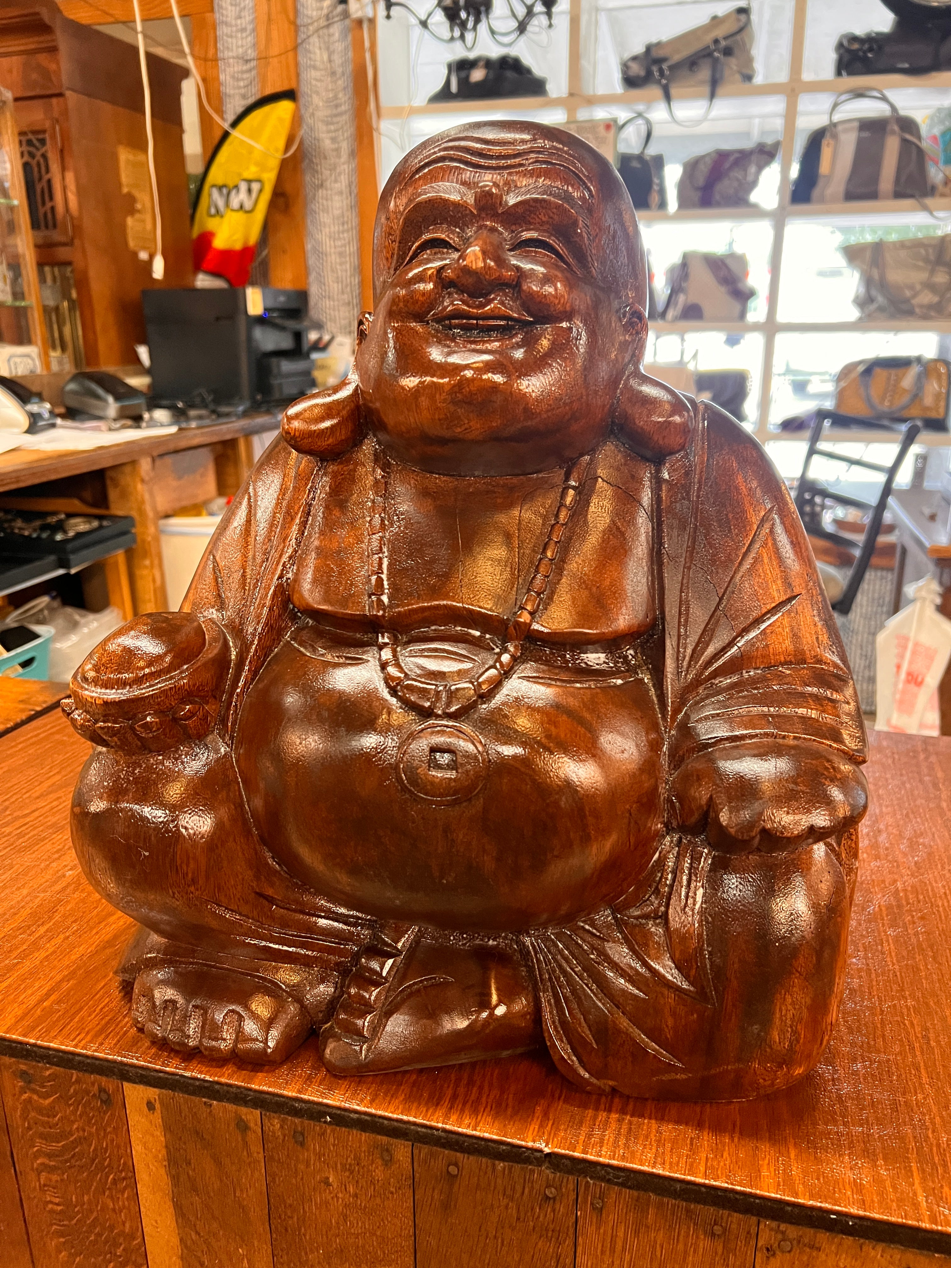 Solid Wood Carved Buddha Measures 17" tall and 15" wide