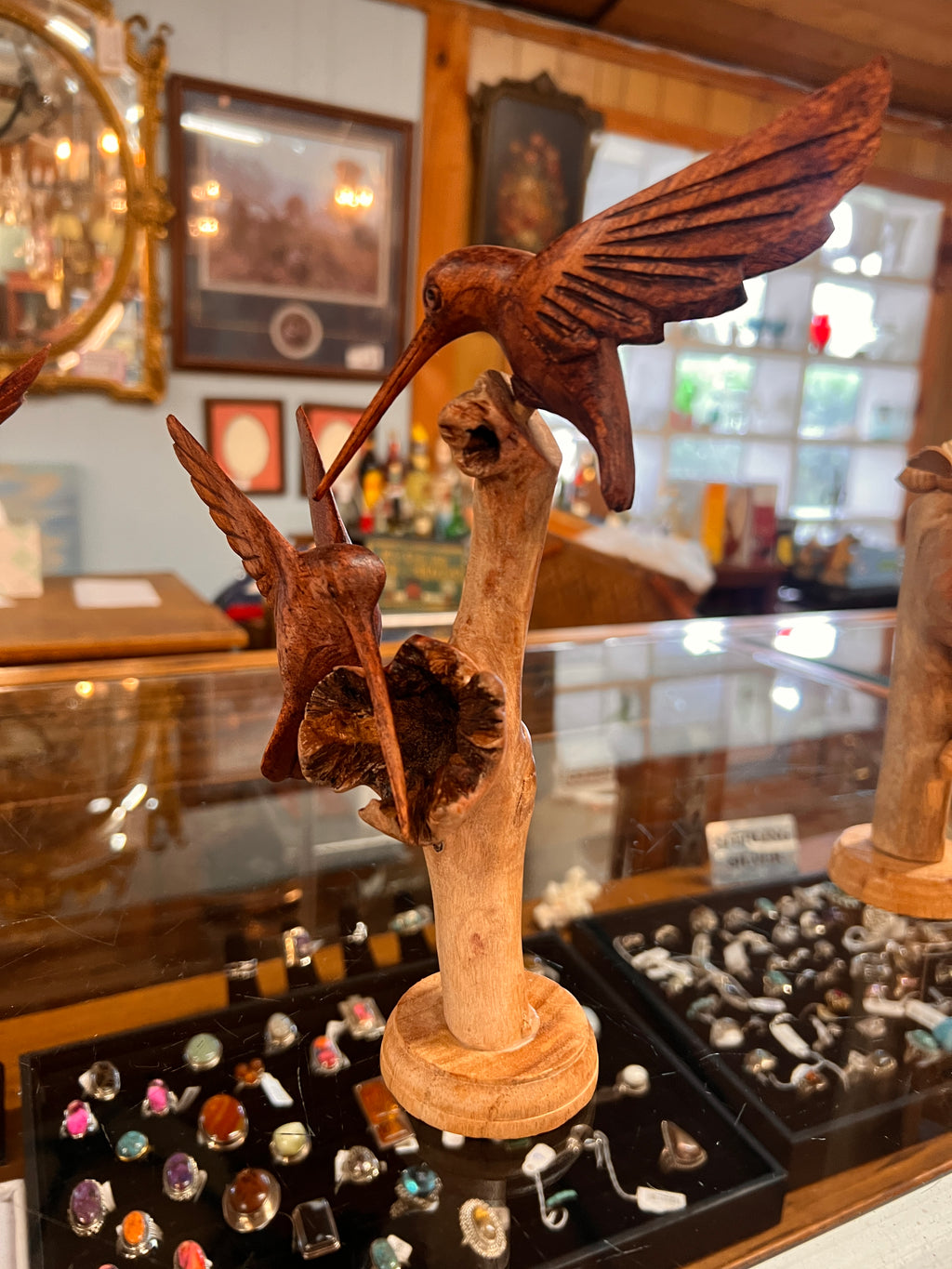 Double Hummingbirds Carved and On Driftwood Measures 9 1/2" - 10 1/2" Tall