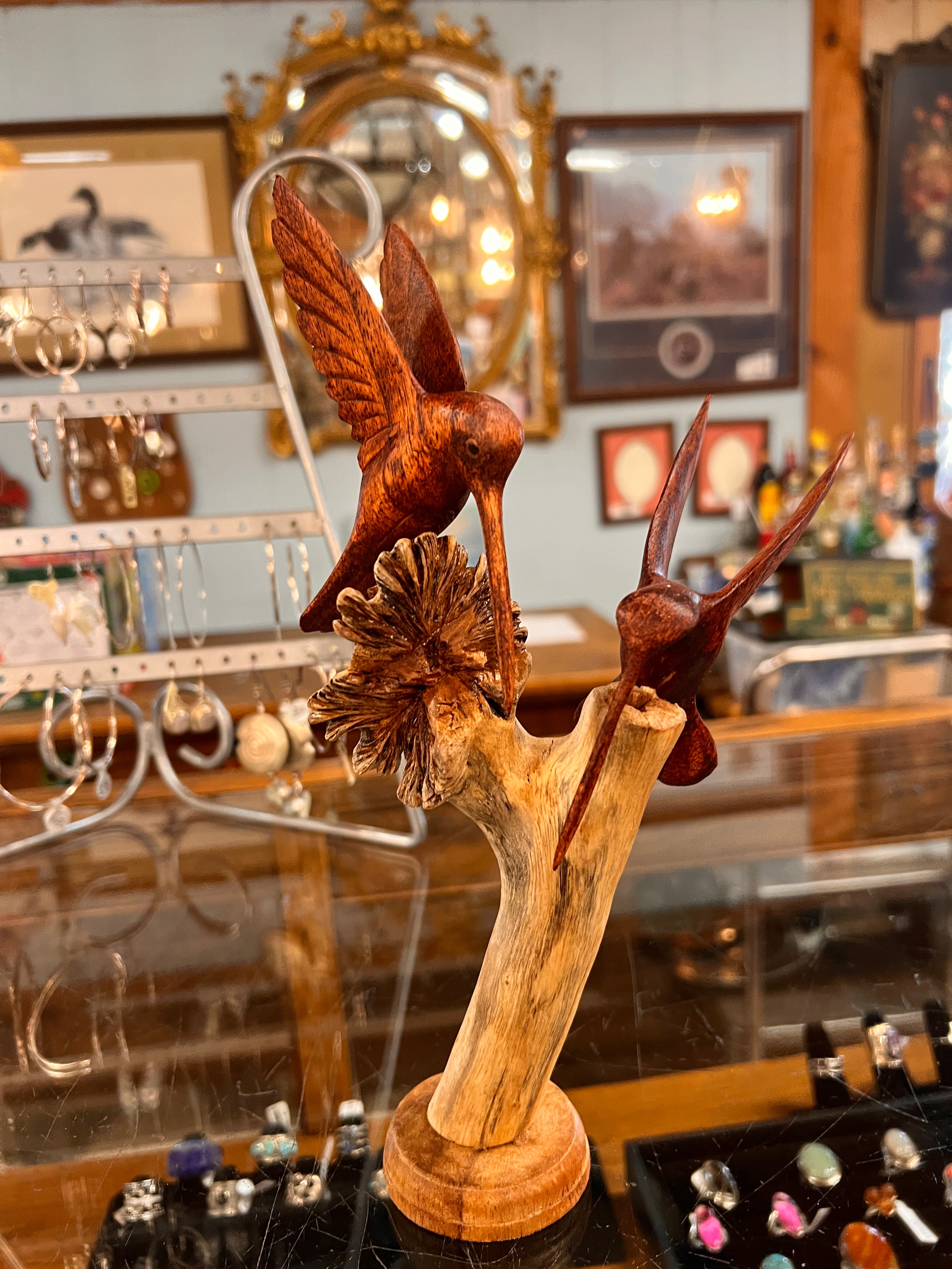 Double Hummingbirds Carved and On Driftwood Measures 9 1/2" - 10 1/2" Tall