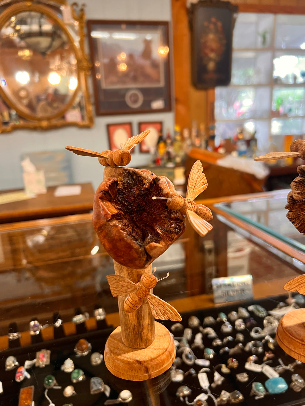 Triple Bee's On Driftwood Carved Sculpture Approx. 7 1/2" tall