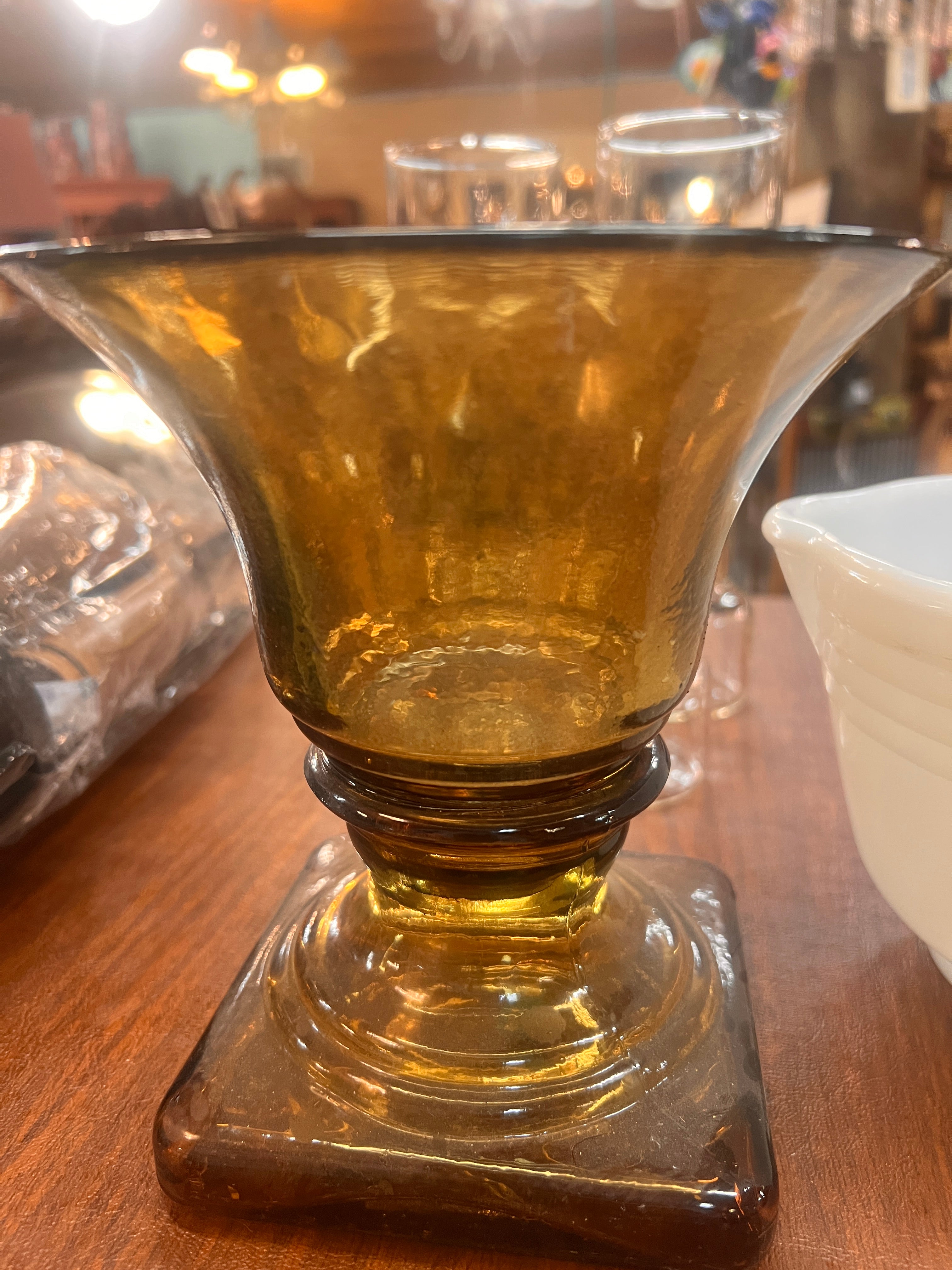 Fluted Amber Glass Pedestal Vase, Fall Wedding Vessel
