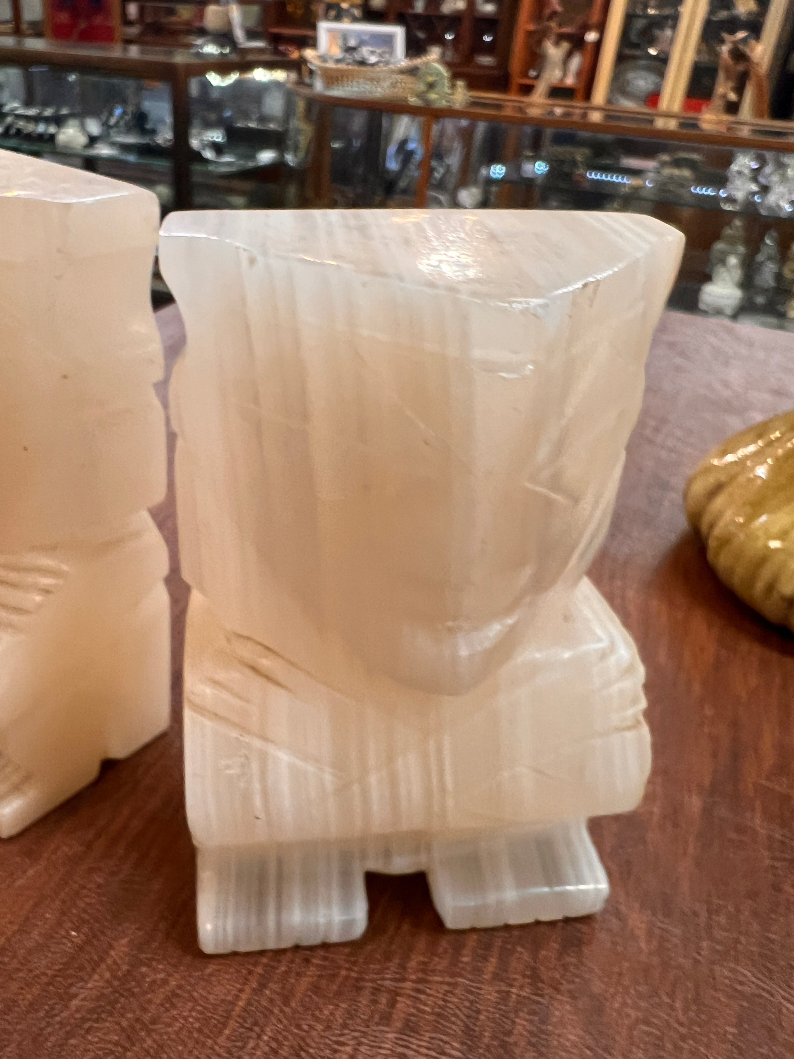 Pair of Hand-Carved Alabaster Tribal Figurine Bookends